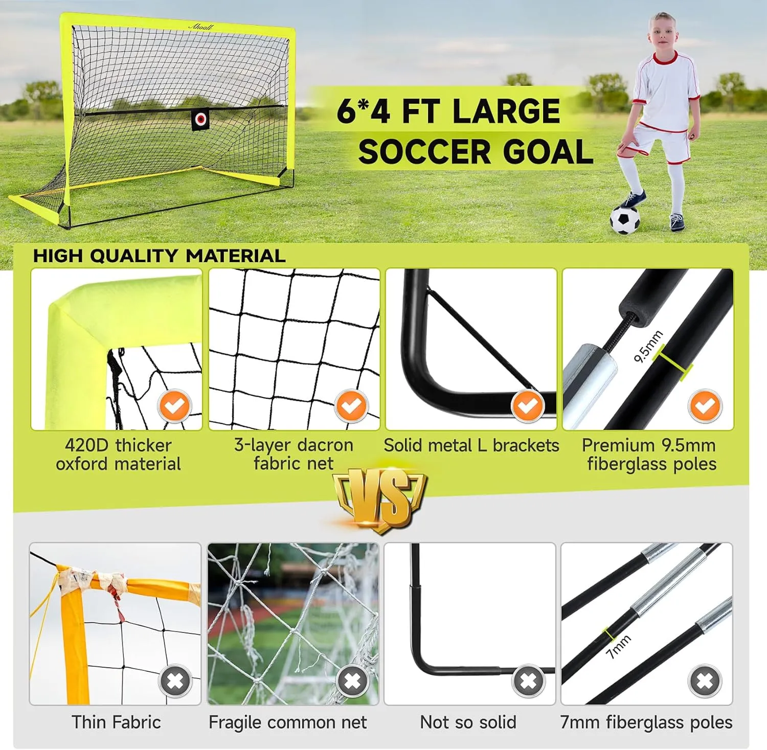 Soccer Goals for Backyard, Set of 2 Soccer Goal for Youth Outdoor Sports Games, 6x4 ft Pop Up Soccer Goal Nets Training Equipment with Ball, Ladder, Cones, Target, Kick Net and Carry Bag