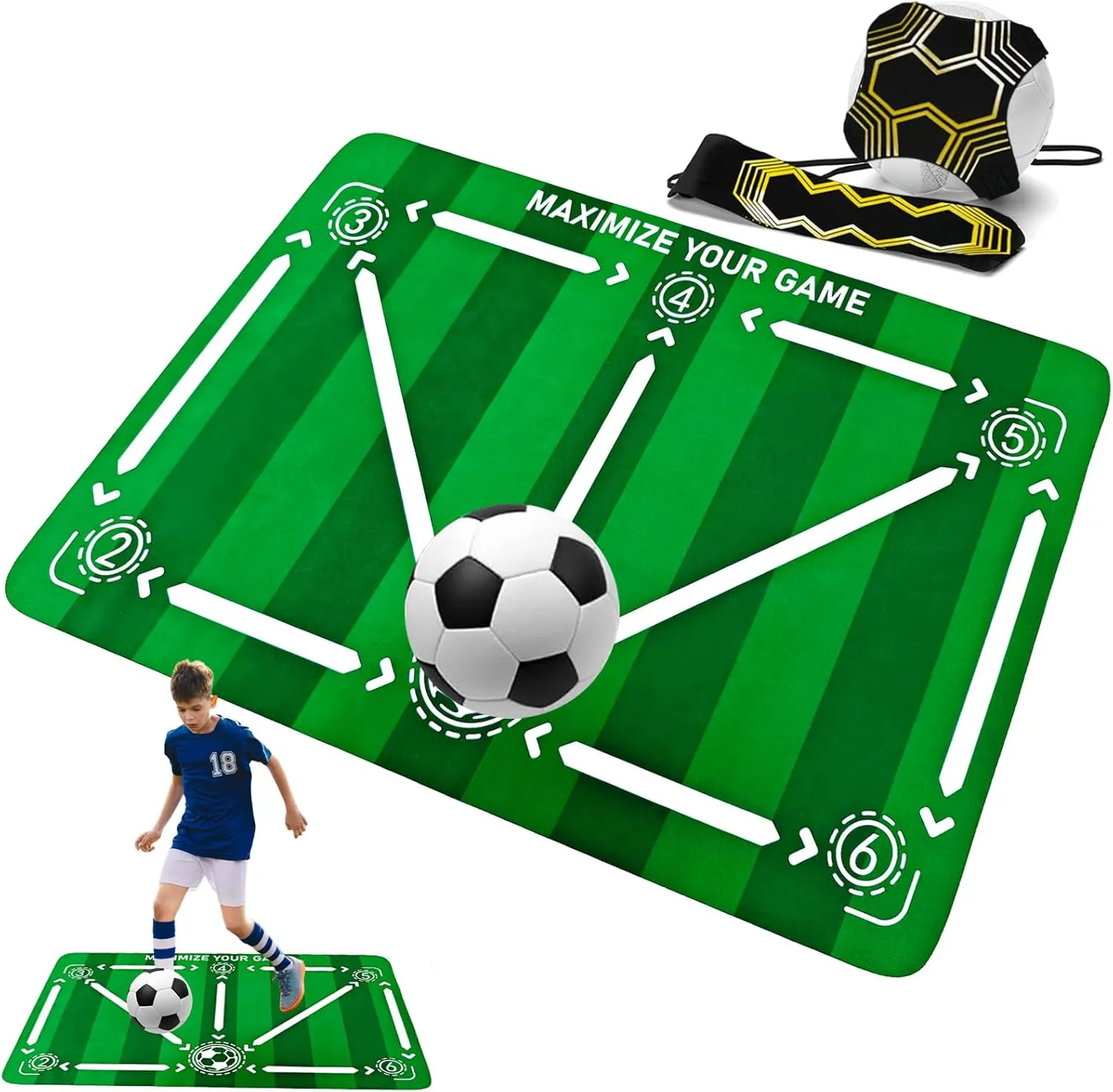 Soccer Training Mat with Adjustable Soccer Trainer - Non-Slip Soccer Training Equipment for Kids Youth to Boost Speed, Strength & Coordination | Soccer Trainer for Indoor/Outdoor Drills