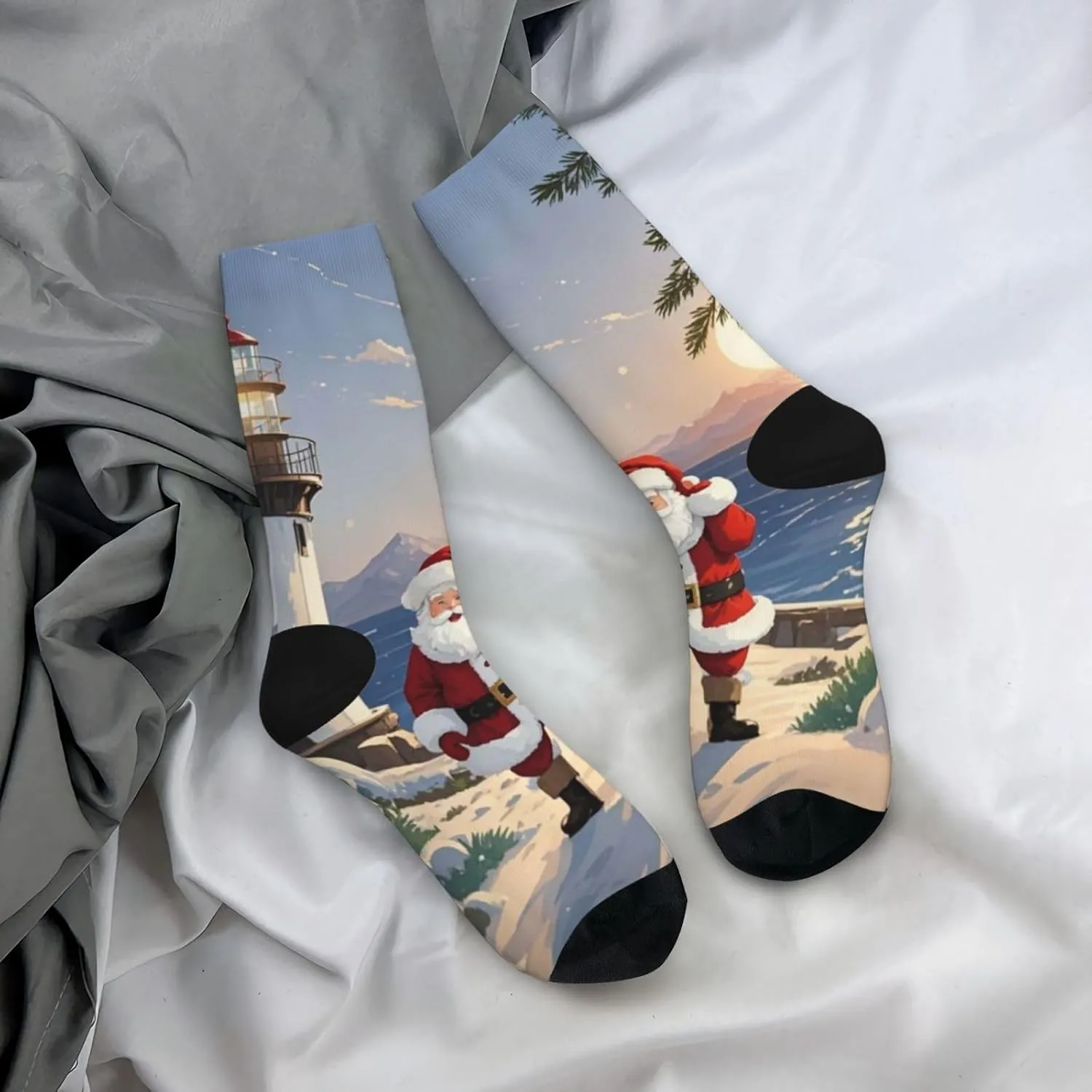 Socks for Women Men Breathable Moisture Wicking Boot Socks Santa Claus Lighthouse Warm Calf Socks