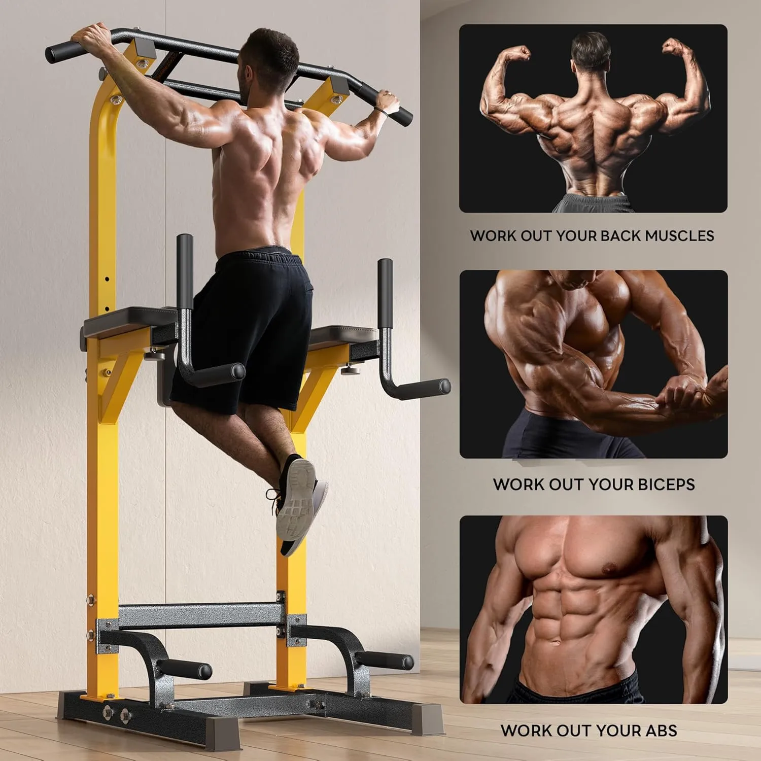 SogesHome Power Tower Pull Up Bar and Dip Stand,10 Adjustable Height Assistive Trainer Dip Station,Multi-Function Strength Training Fitness Workout Station for Home Gym Fitness Equipment，Capacity 500LBS