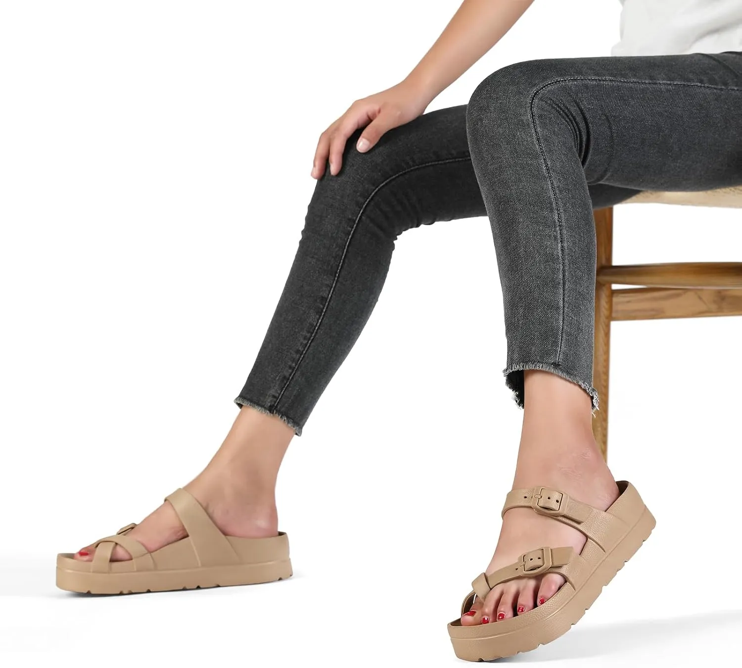 SOSOWHLTE Womens Platform Sandals Adjustable Buckle Summer Arch Support Cushion Slides Woman Lightweight Thick Soles Flat Shoes