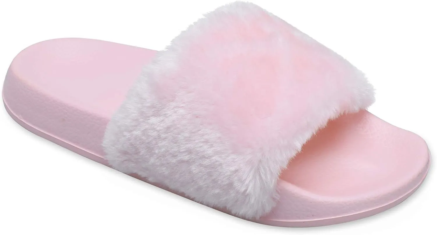 Spesoul Womens Fuzzy Slides Open Toe Furry Slide Slippers Indoor Outdoor Slides Sandals Casual Flat Fluffy House Slippers