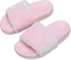 Spesoul Womens Fuzzy Slides Open Toe Furry Slide Slippers Indoor Outdoor Slides Sandals Casual Flat Fluffy House Slippers