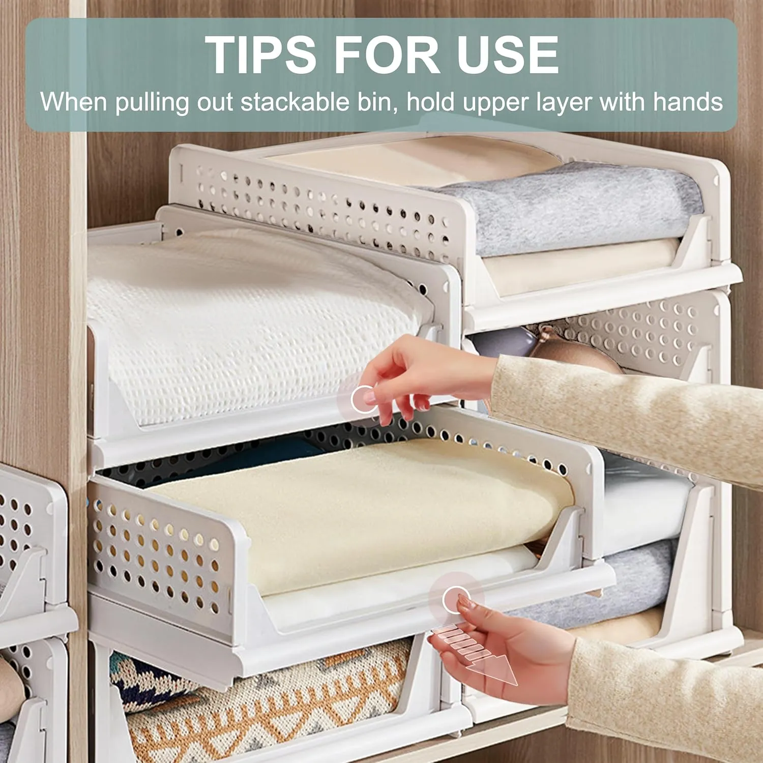 Stackable Foldable Storage Baskets, Folding Storage Bins, Closet Organizers and Plastic Drawer Shelf Storage Container for Wardrobe, Cupboard, Kitchen, Bathroom, Office (White, 3L1S)