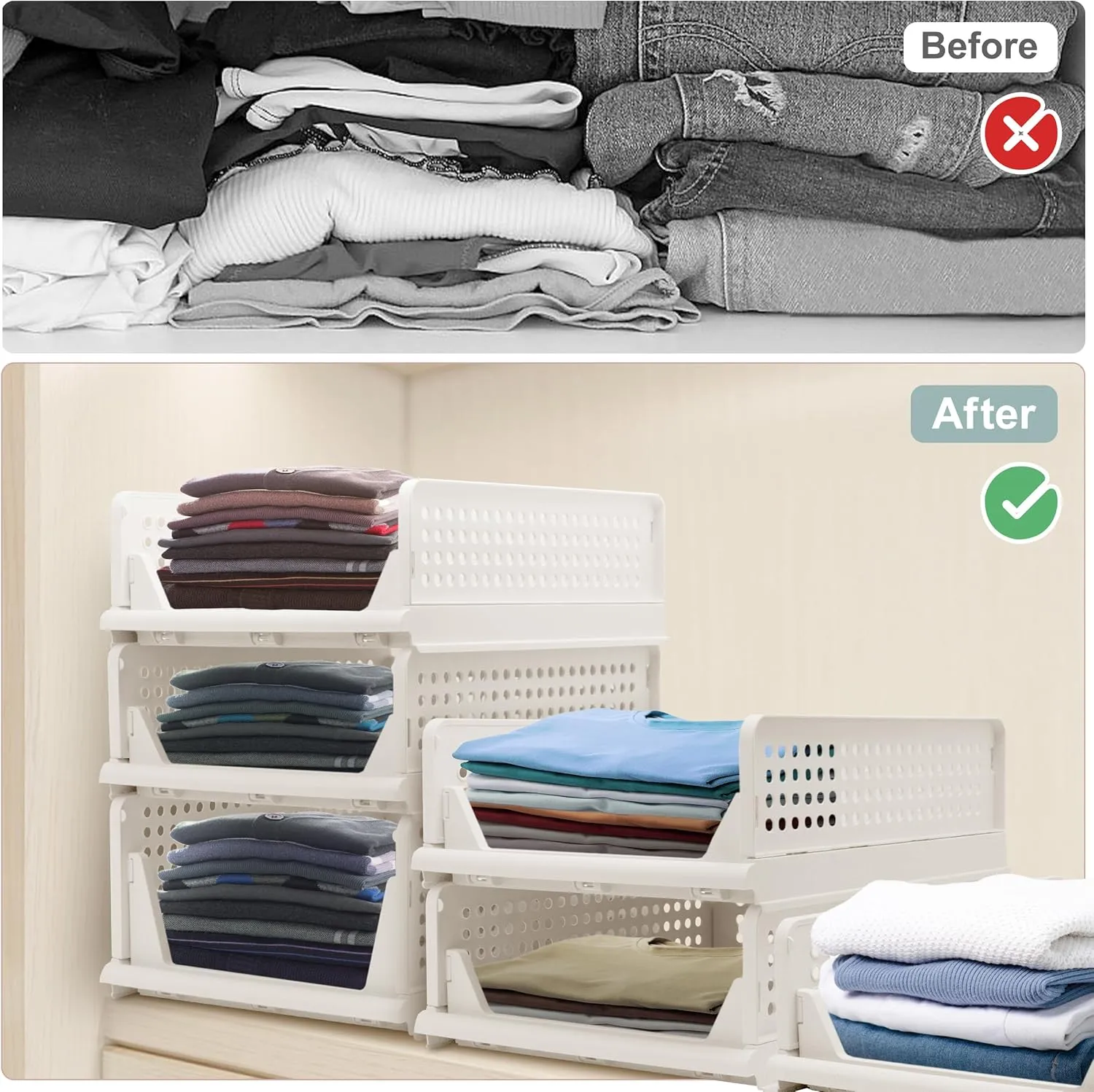 Stackable Foldable Storage Baskets, Folding Storage Bins, Closet Organizers and Plastic Drawer Shelf Storage Container for Wardrobe, Cupboard, Kitchen, Bathroom, Office (White, 3L1S)