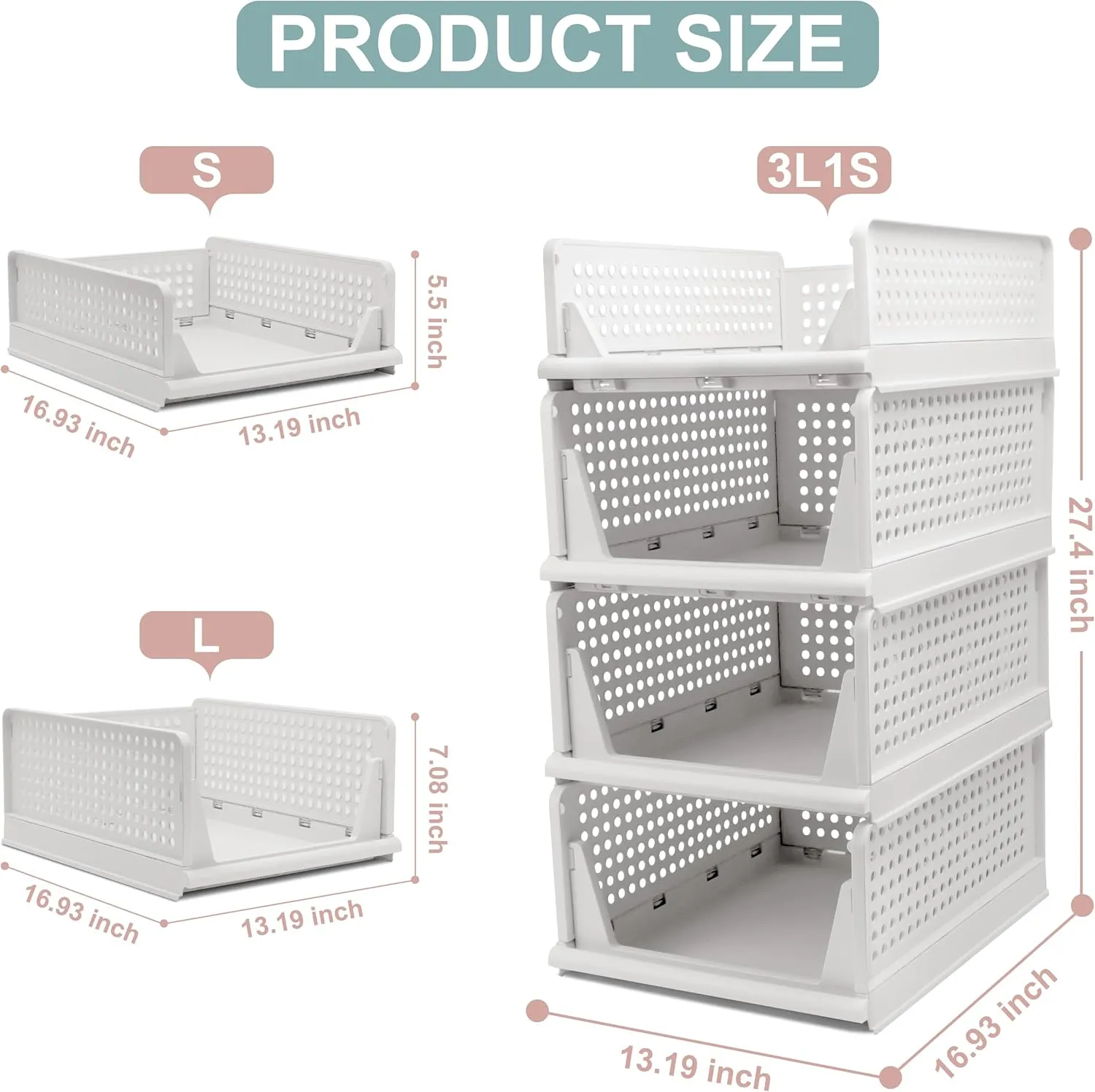 Stackable Foldable Storage Baskets, Folding Storage Bins, Closet Organizers and Plastic Drawer Shelf Storage Container for Wardrobe, Cupboard, Kitchen, Bathroom, Office (White, 3L1S)