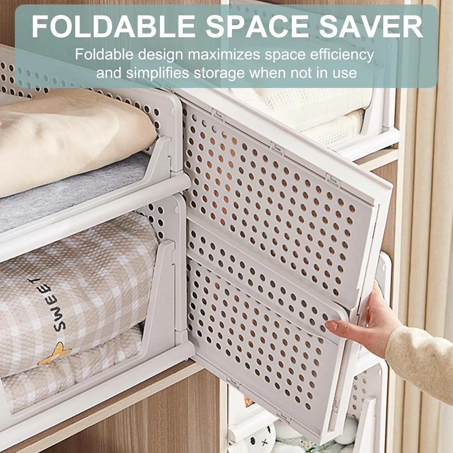 Stackable Foldable Storage Baskets, Folding Storage Bins, Closet Organizers and Plastic Drawer Shelf Storage Container for Wardrobe, Cupboard, Kitchen, Bathroom, Office (White, 3L1S)