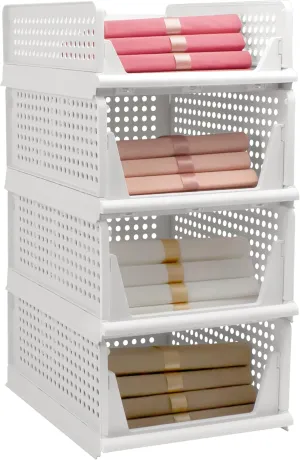 Stackable Foldable Storage Baskets, Folding Storage Bins, Closet Organizers and Plastic Drawer Shelf Storage Container for Wardrobe, Cupboard, Kitchen, Bathroom, Office (White, 3L1S)