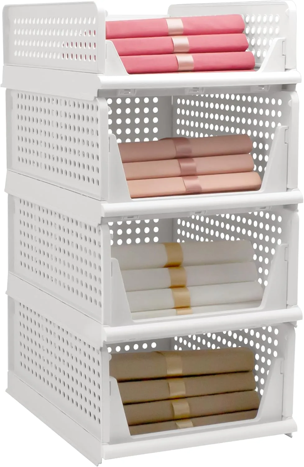 Stackable Foldable Storage Baskets, Folding Storage Bins, Closet Organizers and Plastic Drawer Shelf Storage Container for Wardrobe, Cupboard, Kitchen, Bathroom, Office (White, 3L1S)