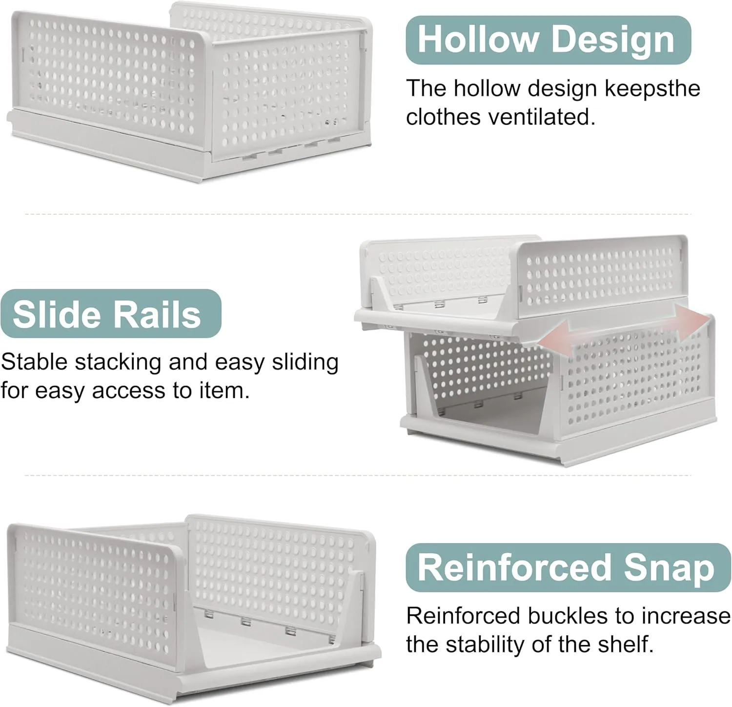 Stackable Foldable Storage Baskets, Folding Storage Bins, Closet Organizers and Plastic Drawer Shelf Storage Container for Wardrobe, Cupboard, Kitchen, Bathroom, Office (White, 3L1S)
