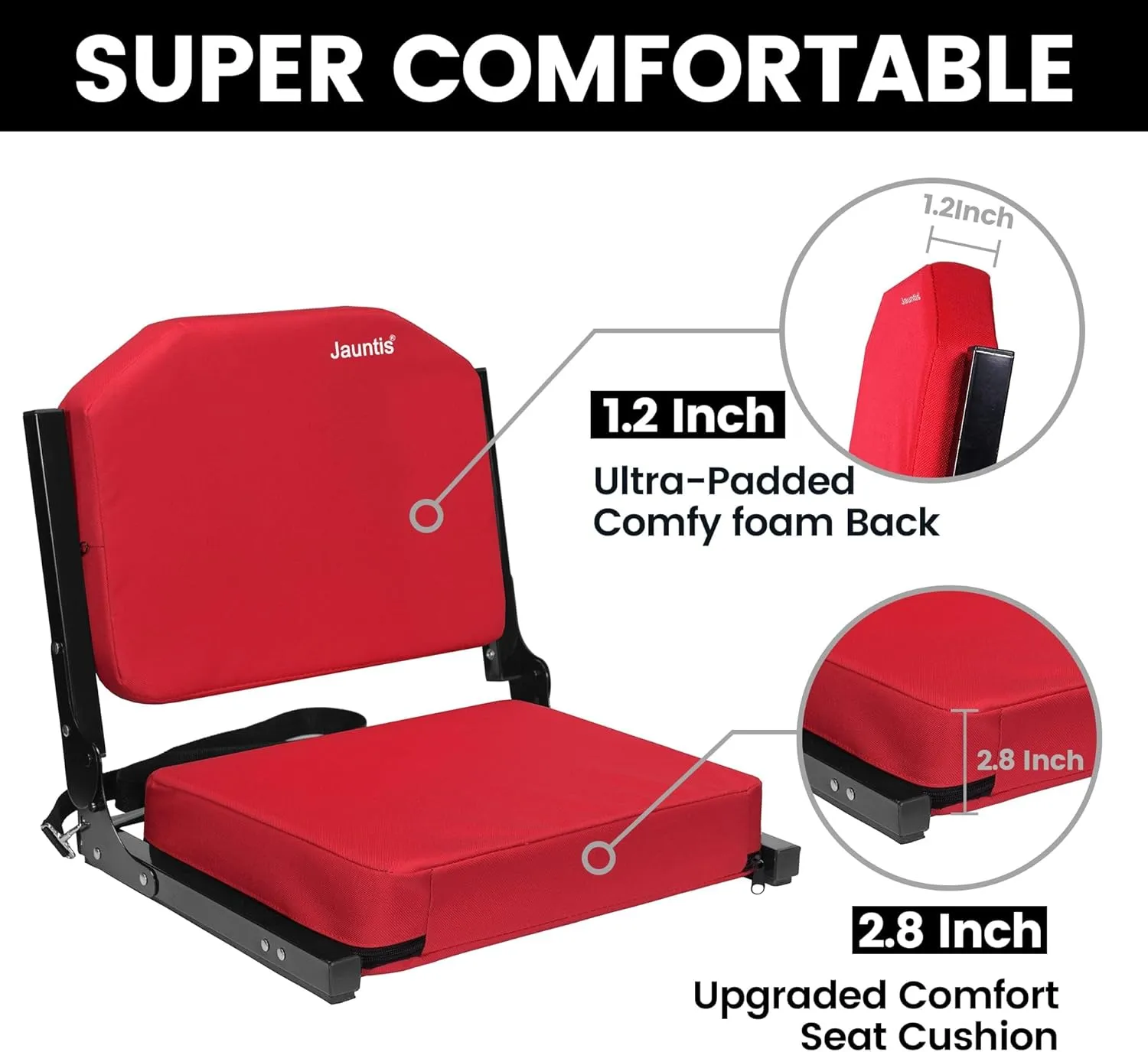 Stadium Seats for Bleachers, Bleacher Seats with Ultra Padded Comfy Foam Backs and Cushion, Wide Portable Stadium Chairs with Back Support and Shoulder Strap, 1 Pack, Red