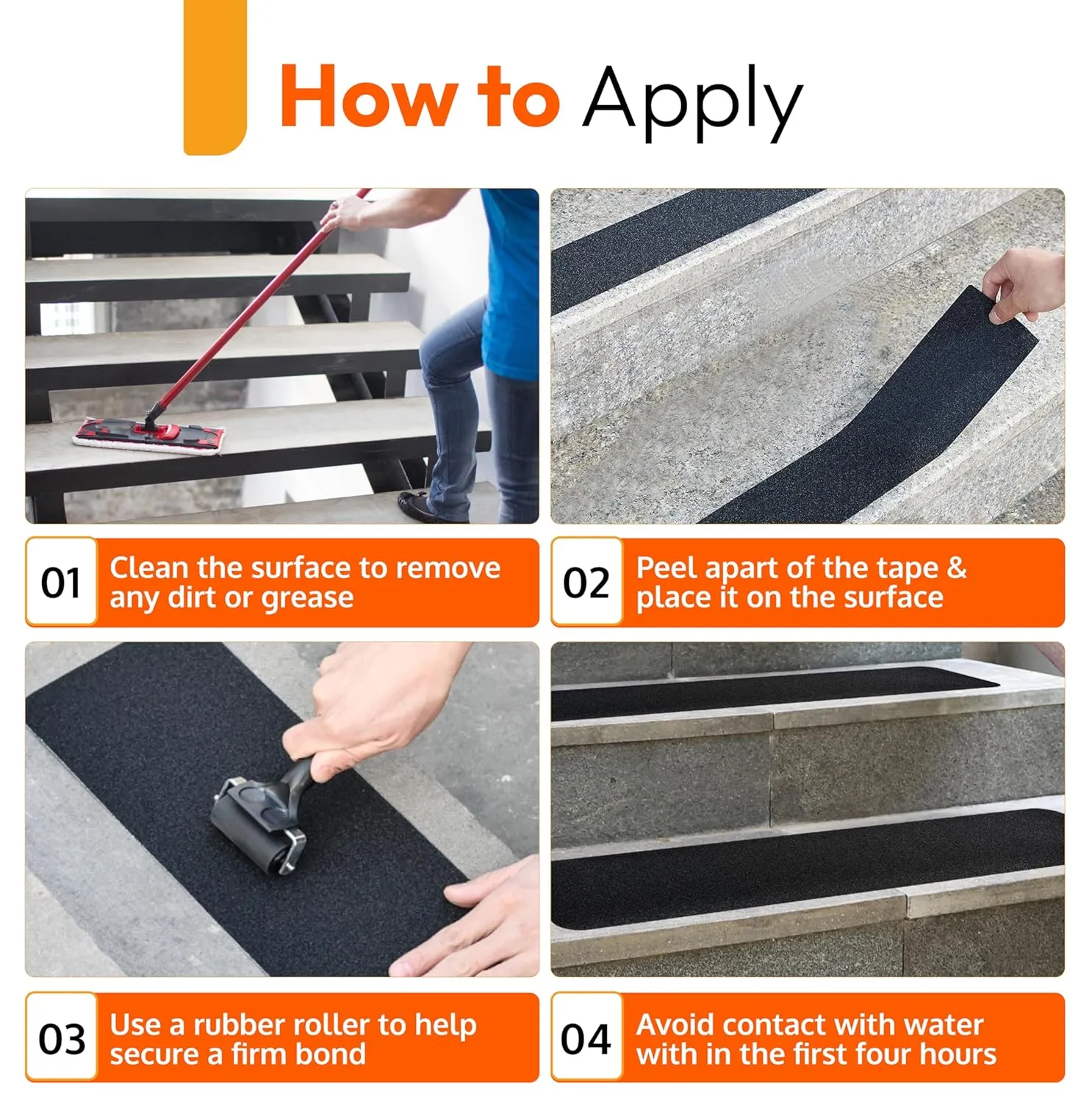 Stair Treads Non Slip for Wooden Steps Indoor and Outdoor - Grip Tape for Stairs Concrete Steps (Works on All Surfaces & Weather), Waterproof Anti Slip Tape, Strong Non Skid Tapes 6” X 24” (5-Pack)
