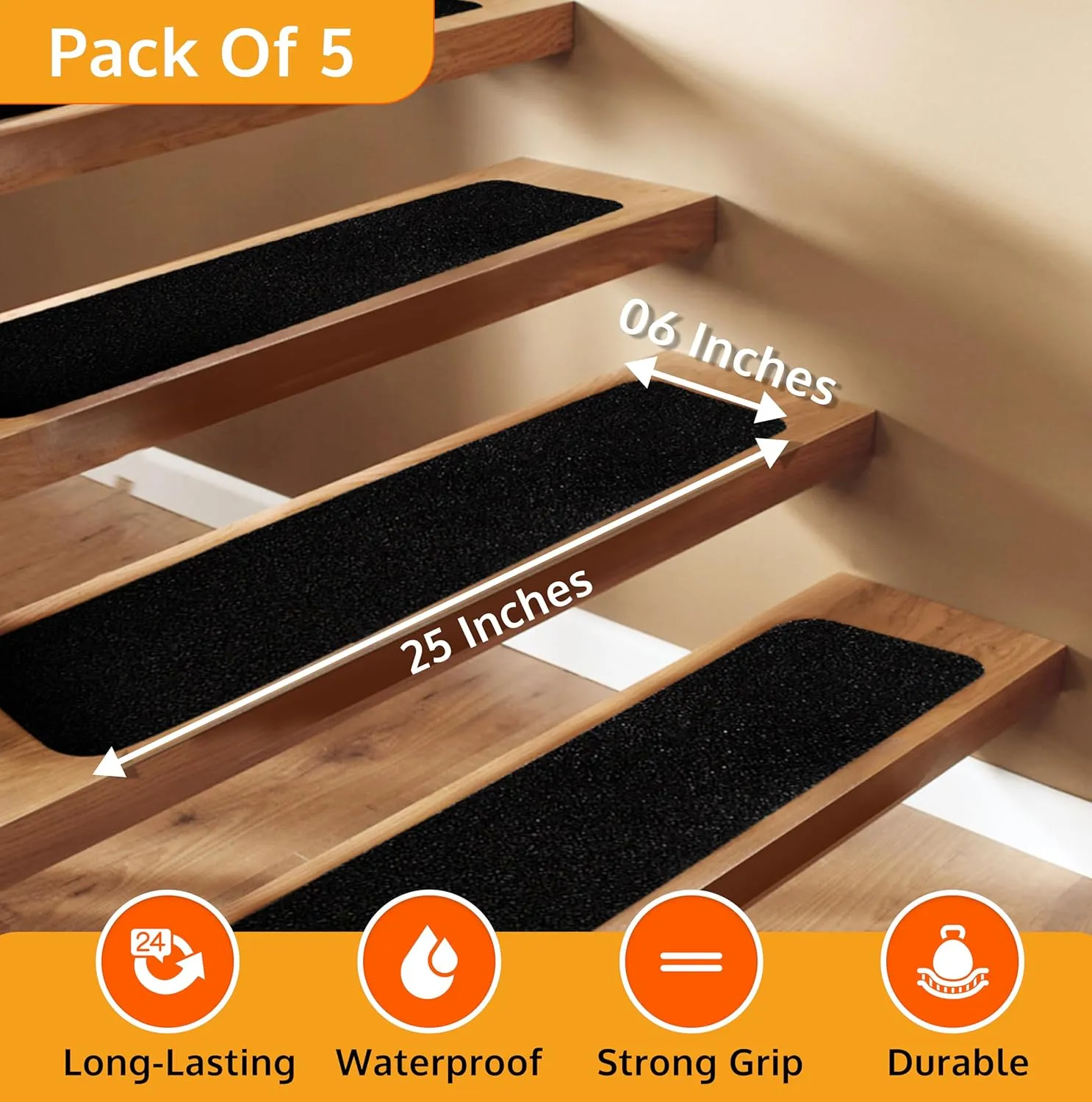 Stair Treads Non Slip for Wooden Steps Indoor and Outdoor - Grip Tape for Stairs Concrete Steps (Works on All Surfaces & Weather), Waterproof Anti Slip Tape, Strong Non Skid Tapes 6” X 24” (5-Pack)