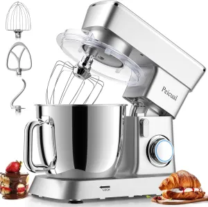 Stand Mixer, 6QT 10 P Speed Tilt-Head Kitchen Electric Mixer, Food Mixer with Stainless Steel Bowl, Dough Hook, Flat Beater, Wire Whisk, Splash Guard for Daily Use - Silver