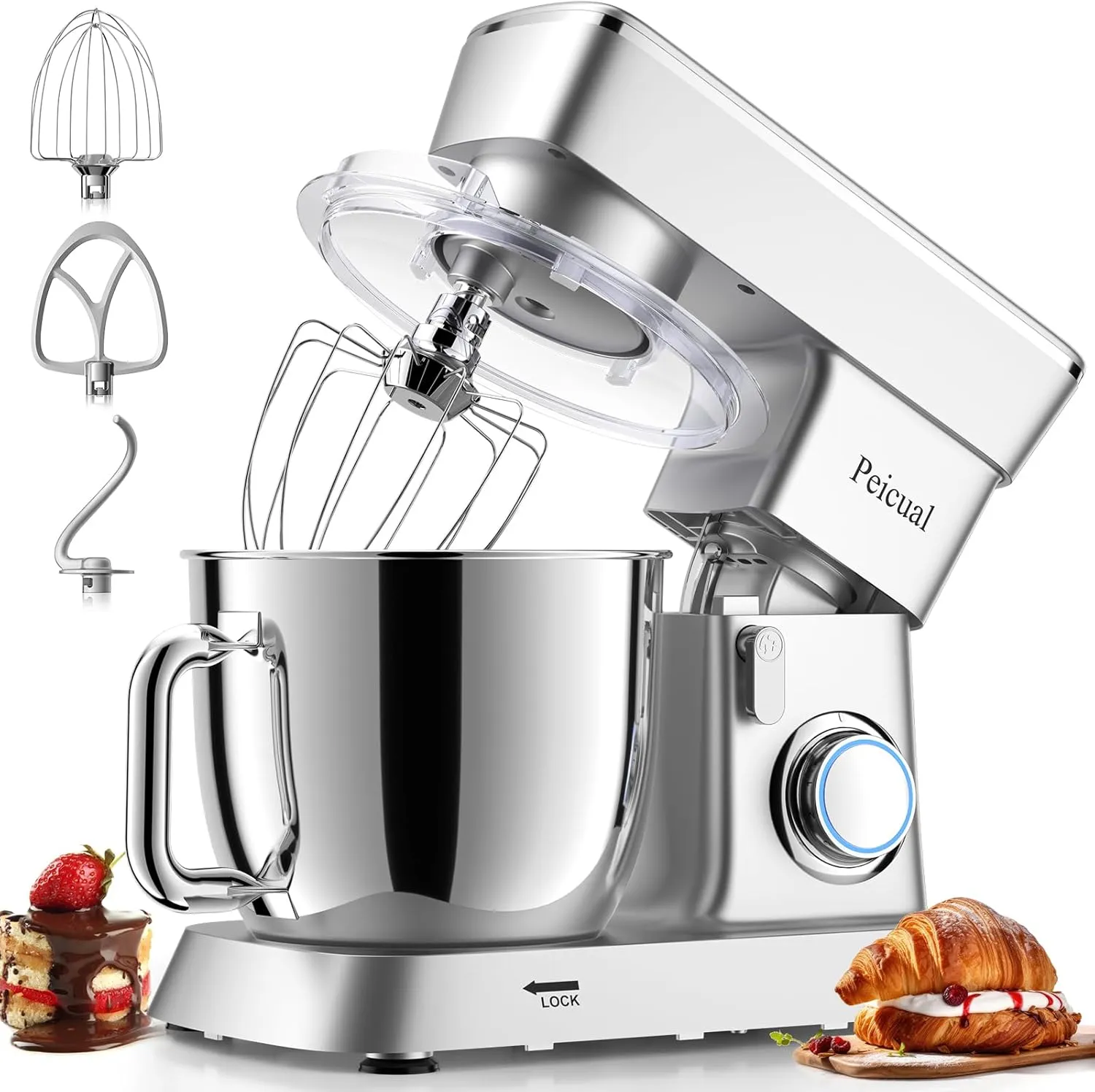 Stand Mixer, 6QT 10 P Speed Tilt-Head Kitchen Electric Mixer, Food Mixer with Stainless Steel Bowl, Dough Hook, Flat Beater, Wire Whisk, Splash Guard for Daily Use - Silver