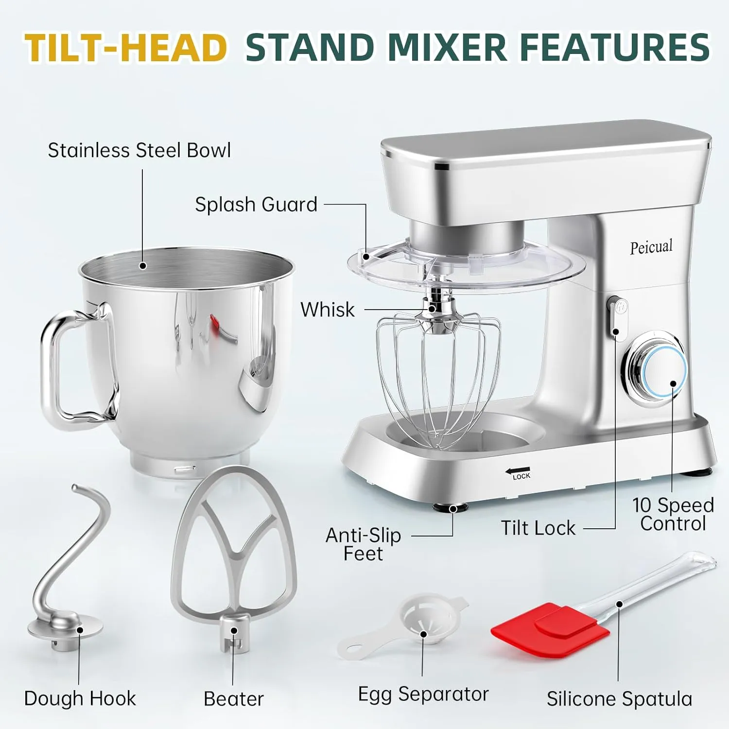 Stand Mixer, 6QT 10 P Speed Tilt-Head Kitchen Electric Mixer, Food Mixer with Stainless Steel Bowl, Dough Hook, Flat Beater, Wire Whisk, Splash Guard for Daily Use - Silver
