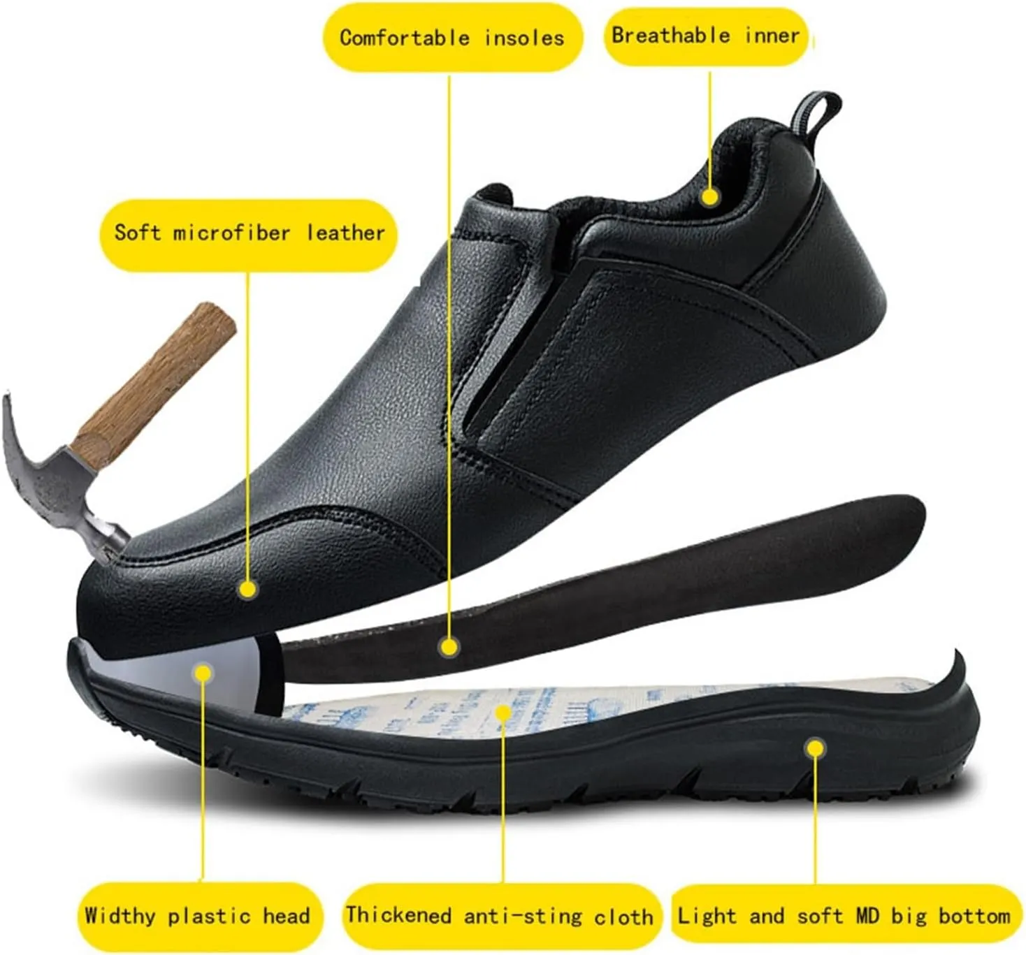 Steel Toe Anti-Smash Puncture-Proof Chef Safety Oil Resistant Work Shoes for Men, Non Slip Waterproof Food Service Kitchen Chef Restaurant Service Shoes, for Camping and Yard Work