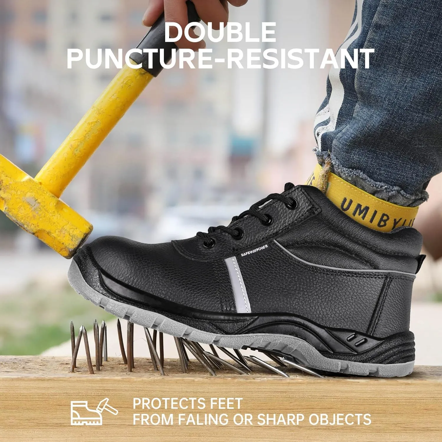 Steel Toe Boots for Men, Slip-Resistant Puncture Proof Safety Work Boots with Breathable Lining, Leather Shoes for Industrial Construction, Hiking