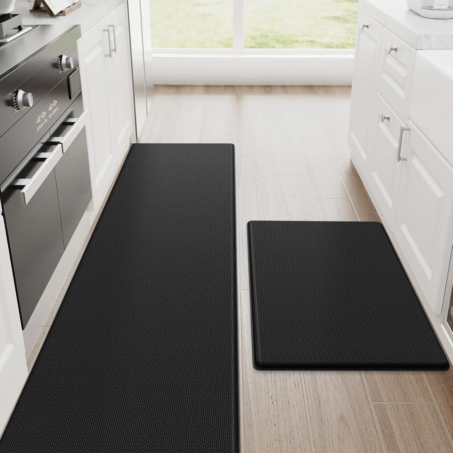 StepRite Kitchen Mats, 2PCS Kitchen Rugs, Cushioned Anti Fatigue Kitchen Mats for Floor, Non-Slip Standing Desk Mat, Waterproof Kitchen Rug Set for Kitchen, 20" x 32" 20" x 71"-0.4 inch Thick, Black