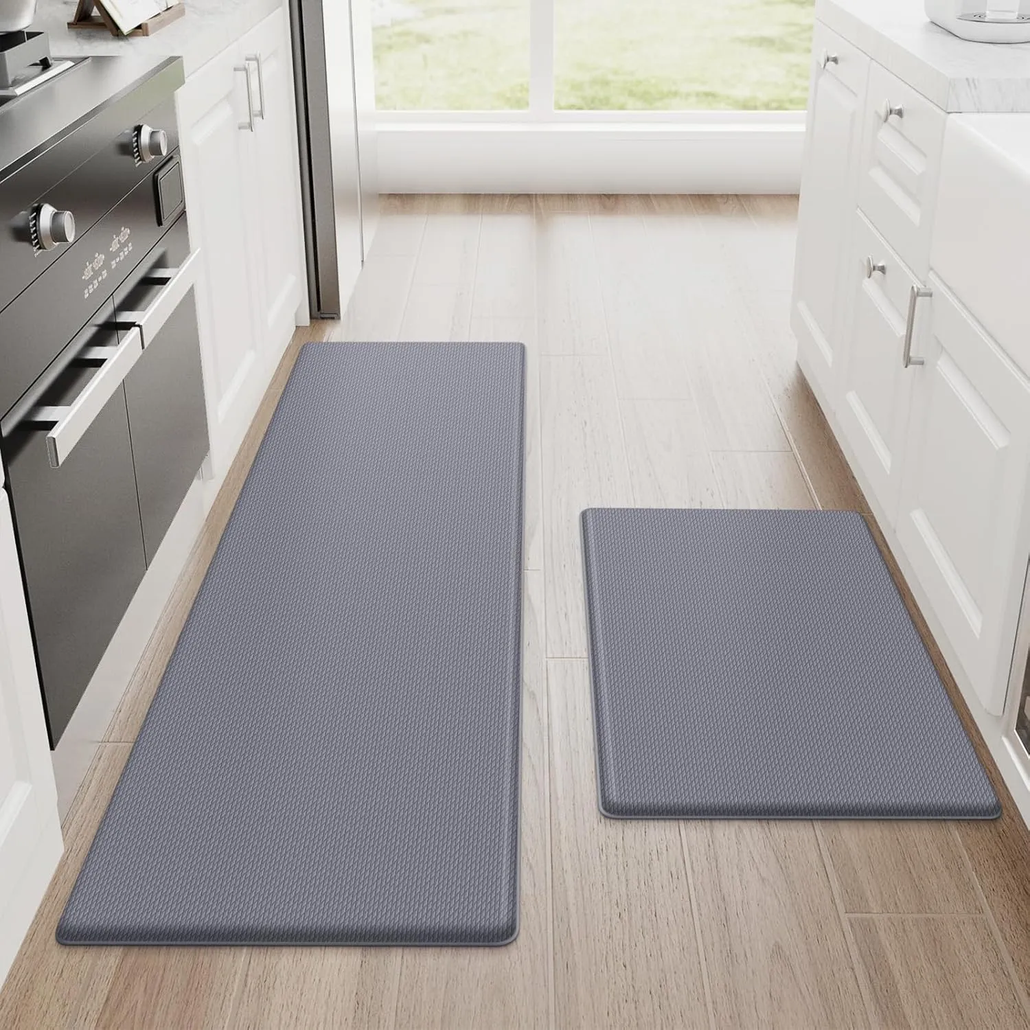 StepRite Kitchen Mats, 2PCS Kitchen Rugs, Cushioned Anti Fatigue Kitchen Mats for Floor, Non-Slip Standing Desk Mat, Waterproof Kitchen Rug Set for Kitchen, Floor, Office, 17.3"x30" 17.3"x47", Grey