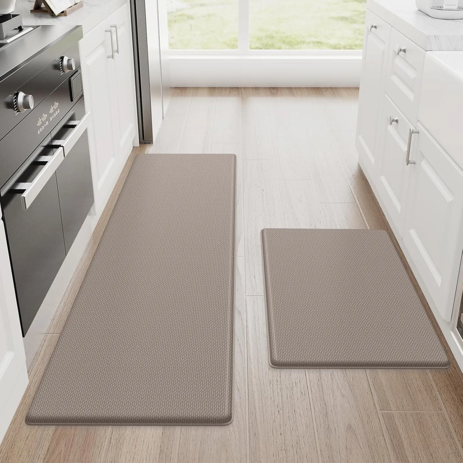 StepRite Kitchen Mats, 2PCS Kitchen Rugs, Cushioned Anti Fatigue Kitchen Mats for Floor, Non-Slip Standing Desk Mat, Waterproof Kitchen Rug Set for Kitchen, Floor, Office, 17.3"x30" 17.3"x47", Khaki