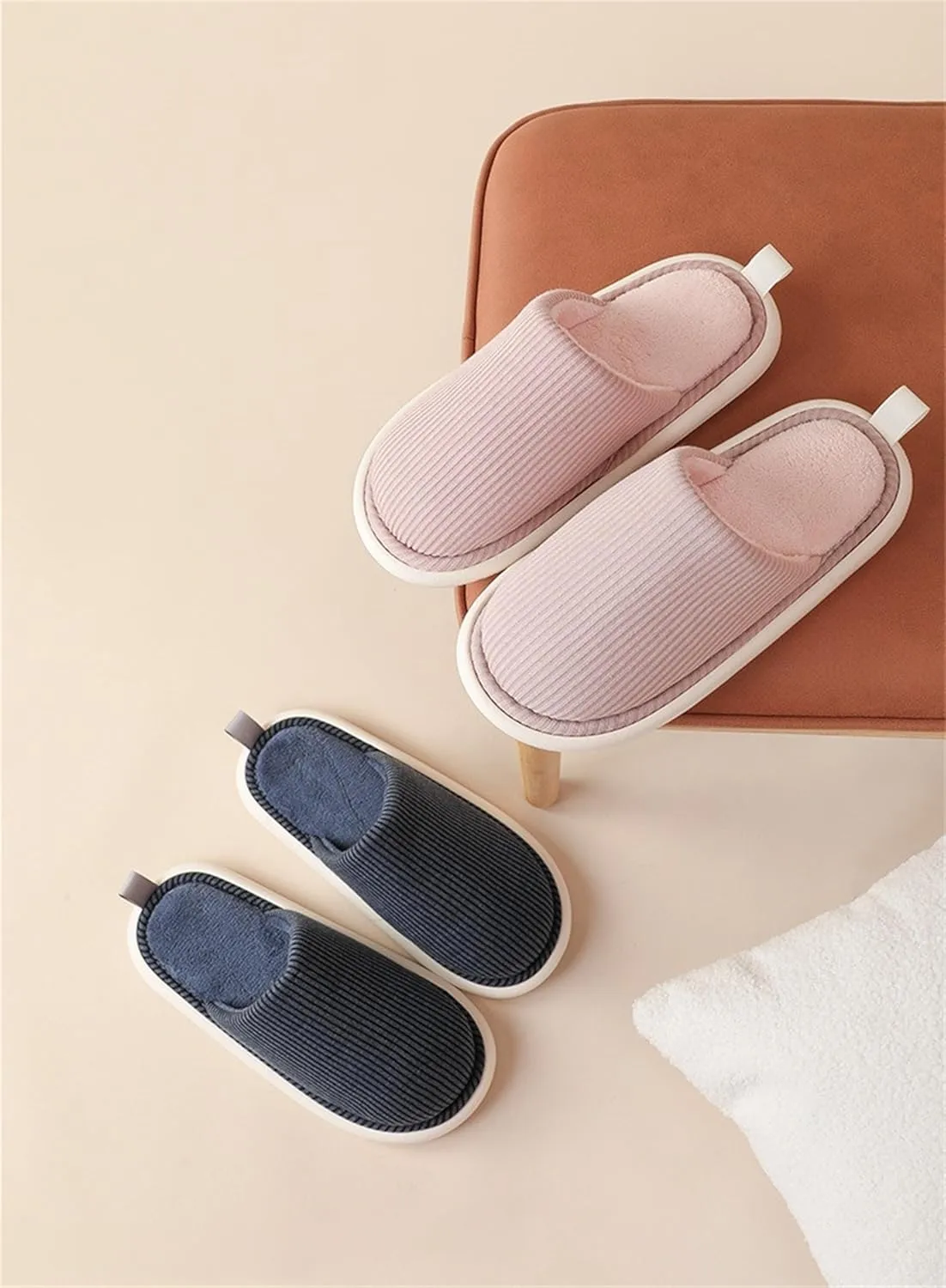 Striped anti slip flat cotton slippers Ladies and gentlemen's home slippers, warm plush cotton slippers