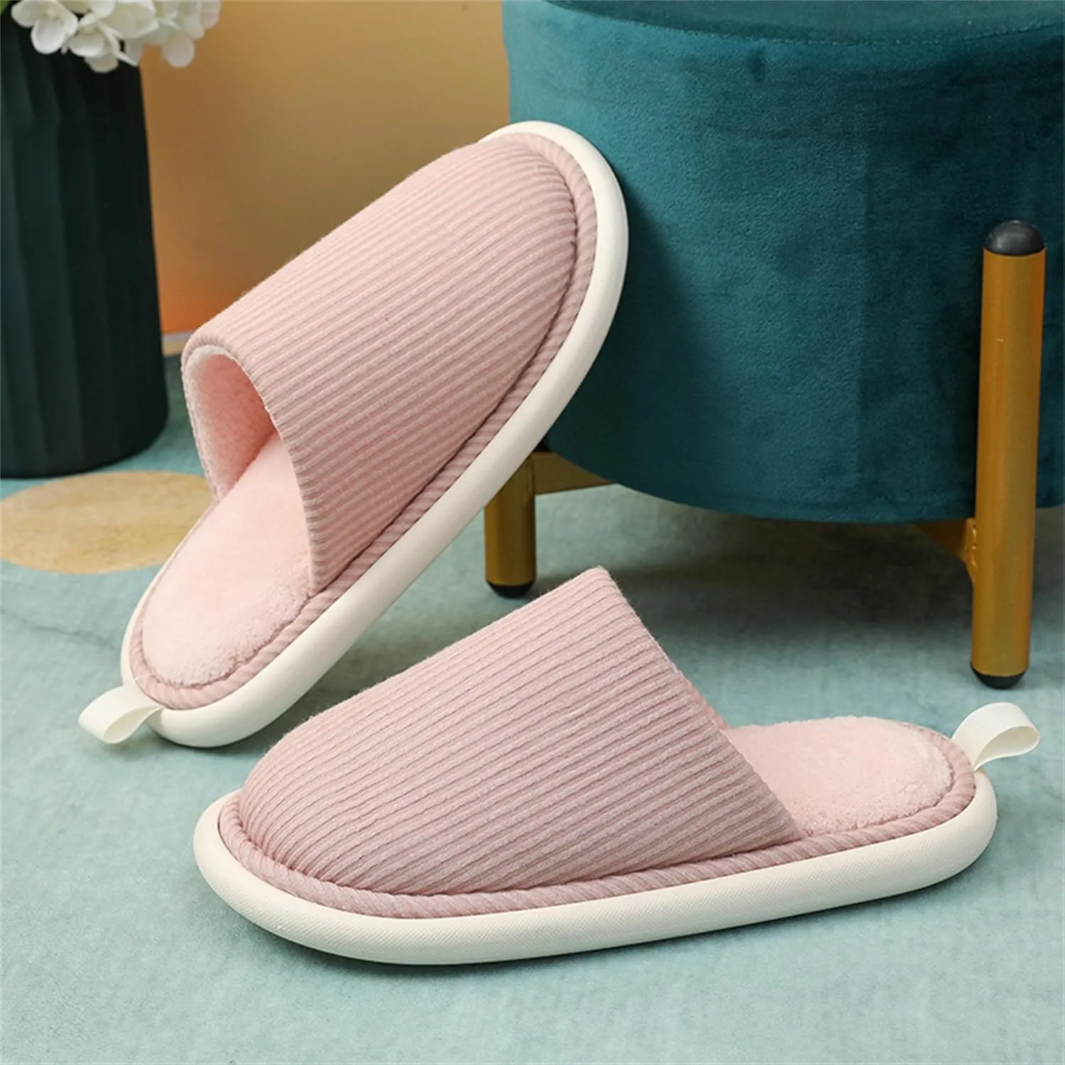 Striped anti slip flat cotton slippers Ladies and gentlemen's home slippers, warm plush cotton slippers