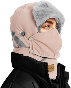 Sukeen Trapper Hats Windproof Winter Hat Water Repellent‌ Warm Hat Lightweight Earflap Hat with Mask for Cold Snow Weather
