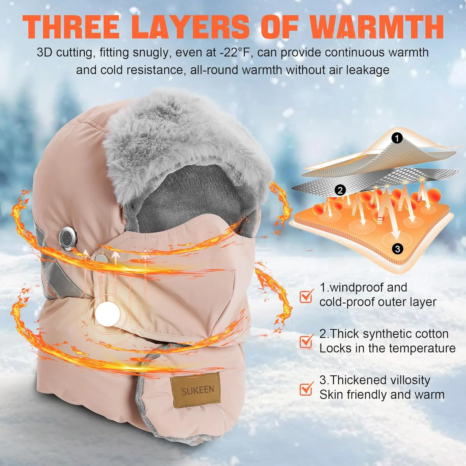 Sukeen Trapper Hats Windproof Winter Hat Water Repellent‌ Warm Hat Lightweight Earflap Hat with Mask for Cold Snow Weather