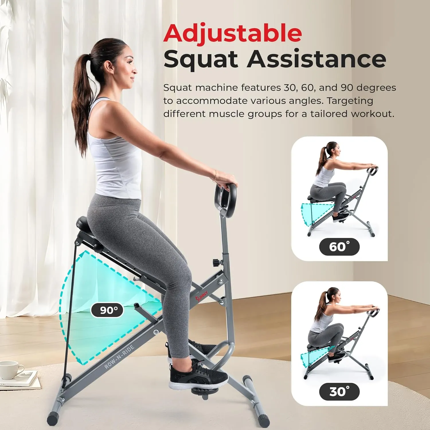 Sunny Health & Fitness Row-N-Ride Squat Assist Trainer, Foldable & Easy Setup Exercise Equipment w/Adjustable Resistance, Home Gym Training Machine for Arm, Glute & Leg Workout, Optional in Colors
