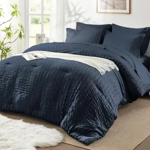 SunStyle Home Full/Queen Comforter Set 7 Pieces, Navy Seersucker Bed in a Bag Lightweight Bedding Set, All Season Comforters with Flat Sheet, Fitted Sheet, Pillowcase and Pillow Sham