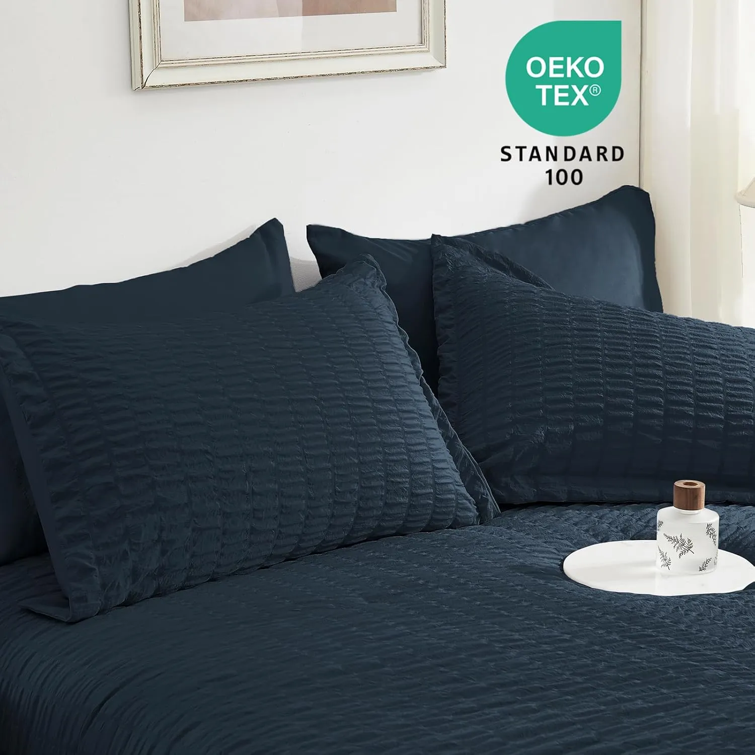 SunStyle Home Full/Queen Comforter Set 7 Pieces, Navy Seersucker Bed in a Bag Lightweight Bedding Set, All Season Comforters with Flat Sheet, Fitted Sheet, Pillowcase and Pillow Sham