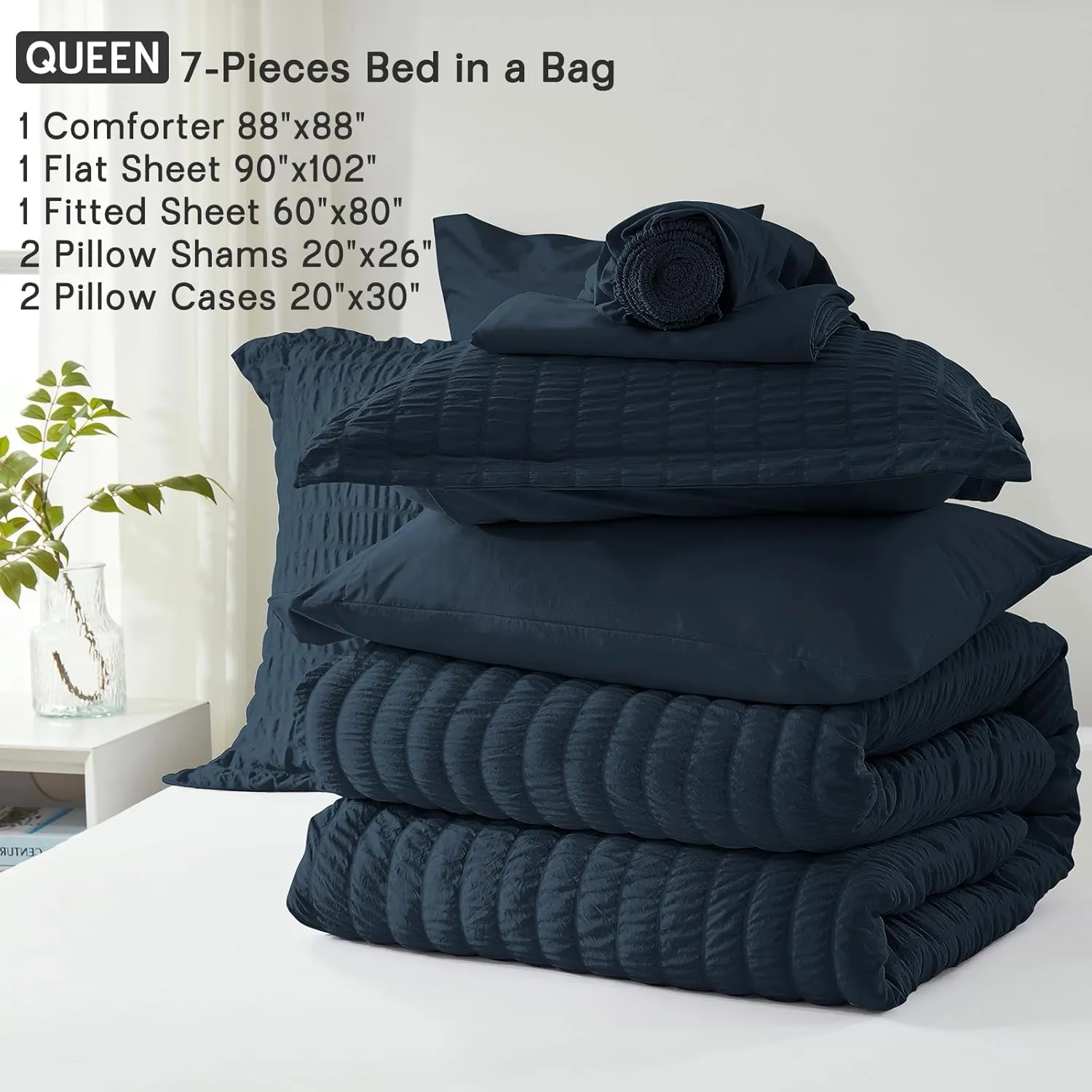 SunStyle Home Full/Queen Comforter Set 7 Pieces, Navy Seersucker Bed in a Bag Lightweight Bedding Set, All Season Comforters with Flat Sheet, Fitted Sheet, Pillowcase and Pillow Sham