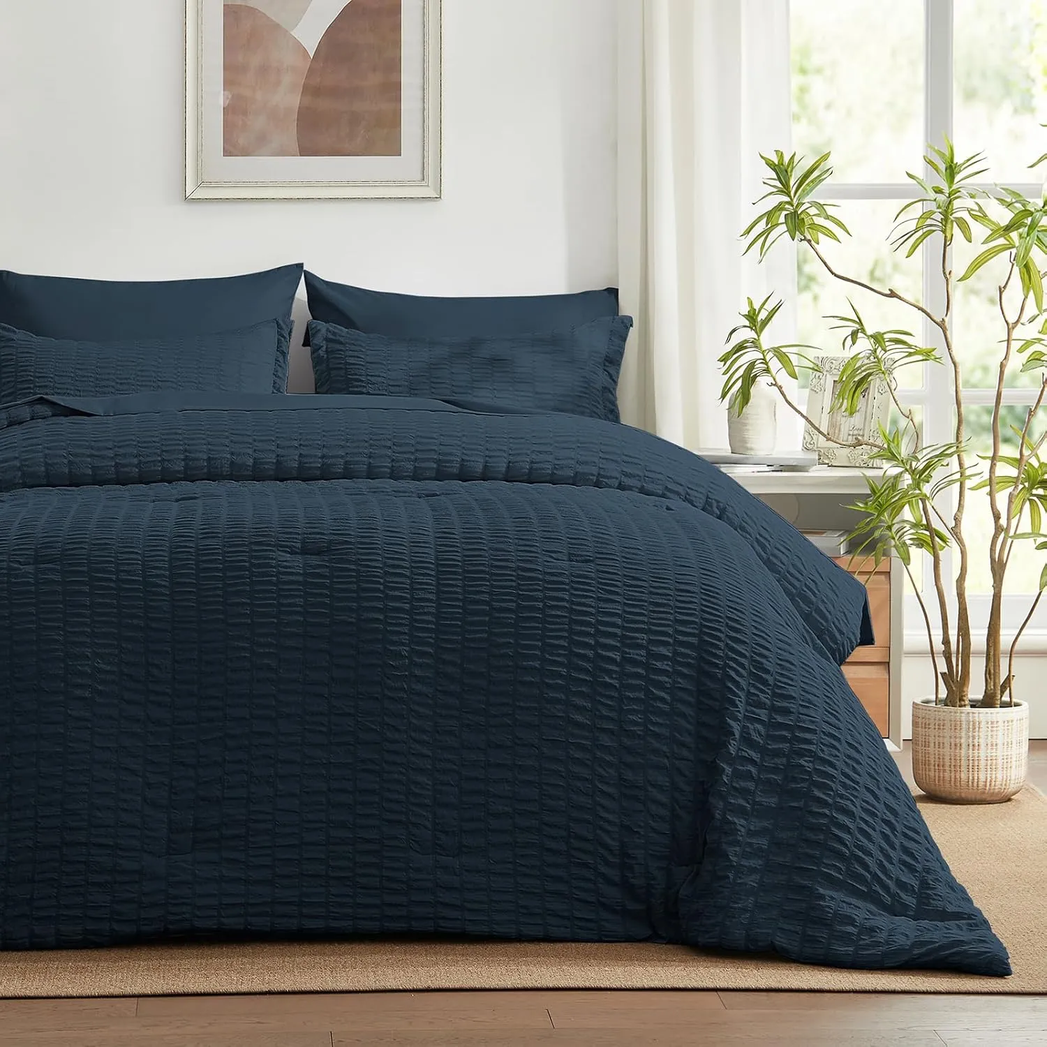 SunStyle Home Full/Queen Comforter Set 7 Pieces, Navy Seersucker Bed in a Bag Lightweight Bedding Set, All Season Comforters with Flat Sheet, Fitted Sheet, Pillowcase and Pillow Sham