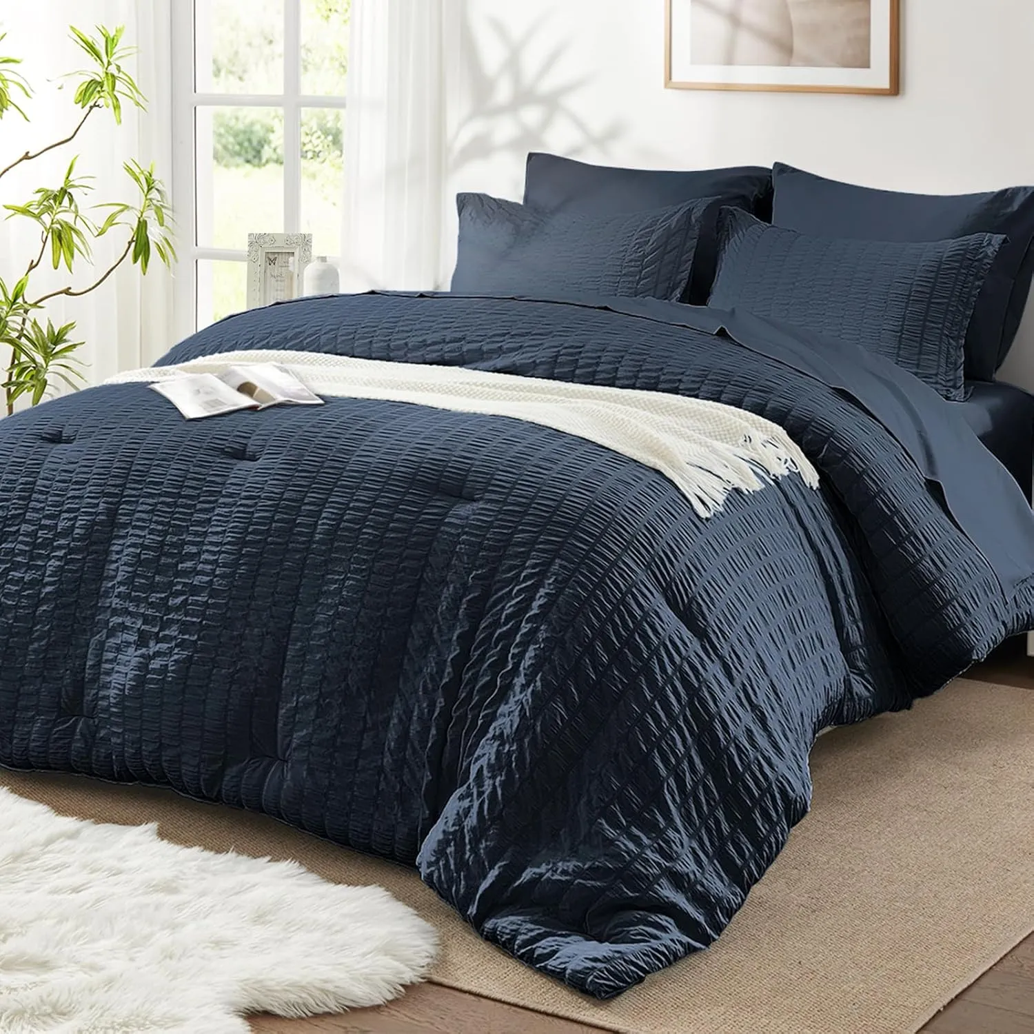SunStyle Home Full/Queen Comforter Set 7 Pieces, Navy Seersucker Bed in a Bag Lightweight Bedding Set, All Season Comforters with Flat Sheet, Fitted Sheet, Pillowcase and Pillow Sham