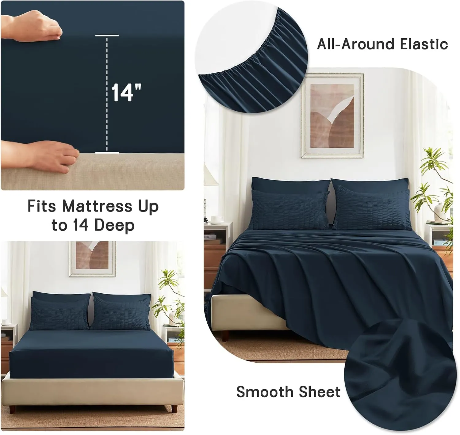 SunStyle Home Full/Queen Comforter Set 7 Pieces, Navy Seersucker Bed in a Bag Lightweight Bedding Set, All Season Comforters with Flat Sheet, Fitted Sheet, Pillowcase and Pillow Sham
