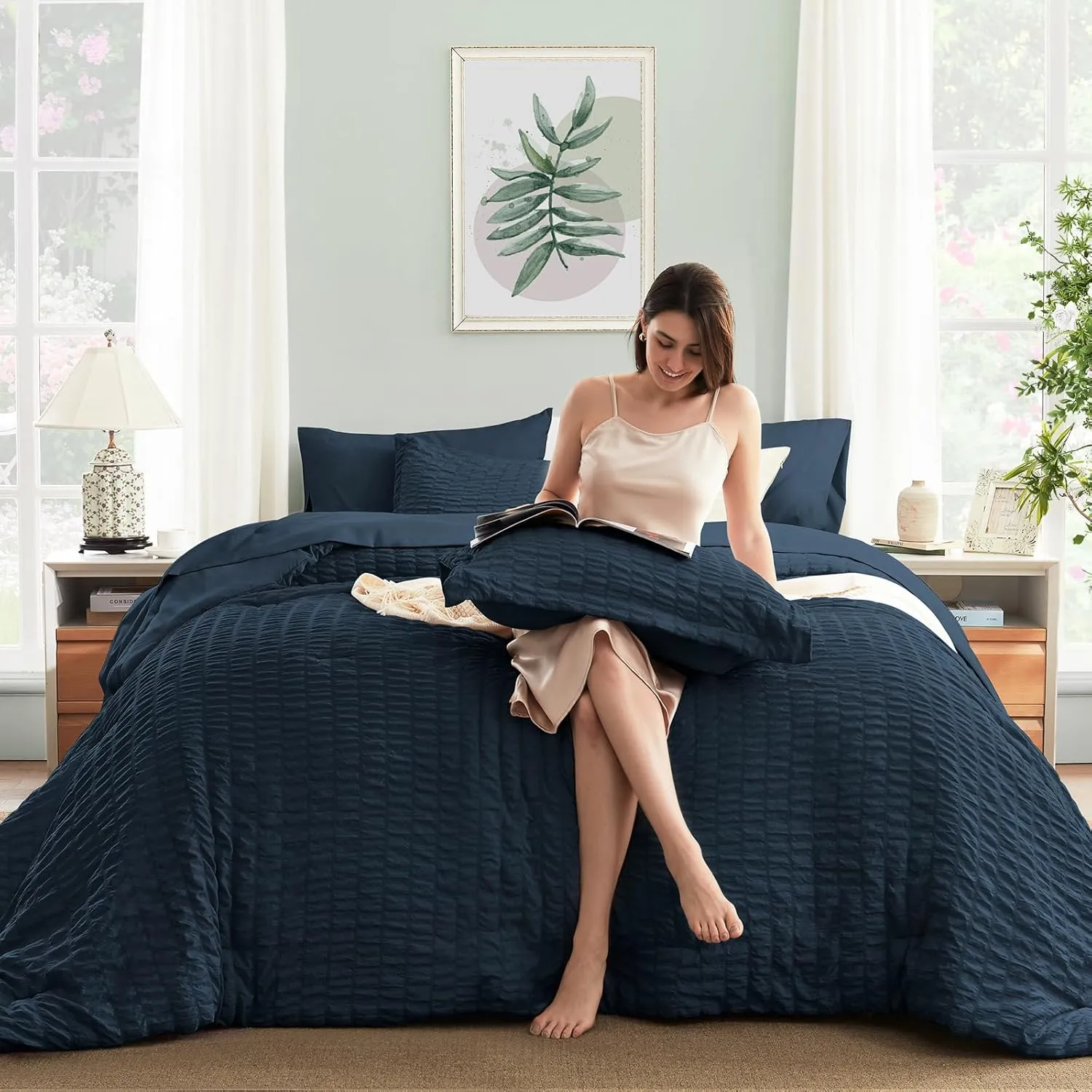 SunStyle Home Full/Queen Comforter Set 7 Pieces, Navy Seersucker Bed in a Bag Lightweight Bedding Set, All Season Comforters with Flat Sheet, Fitted Sheet, Pillowcase and Pillow Sham