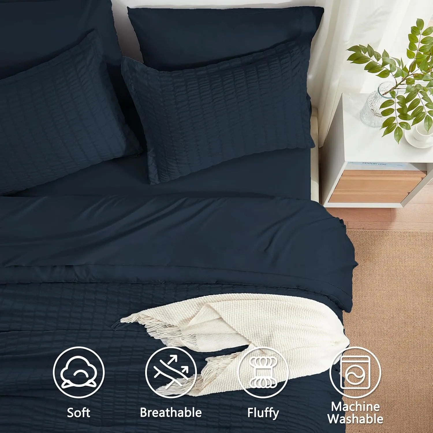 SunStyle Home Full/Queen Comforter Set 7 Pieces, Navy Seersucker Bed in a Bag Lightweight Bedding Set, All Season Comforters with Flat Sheet, Fitted Sheet, Pillowcase and Pillow Sham