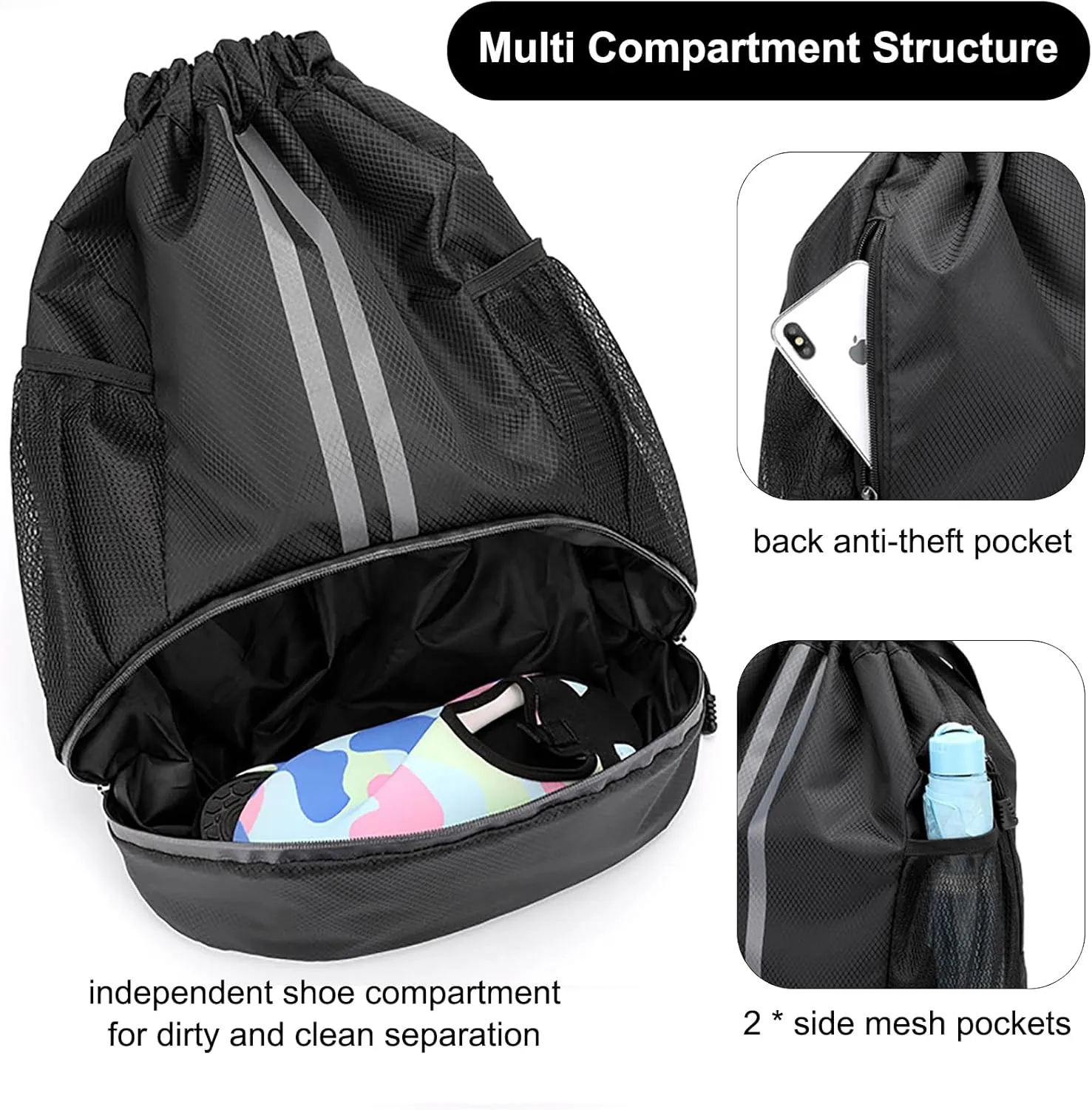 Swim Bag Drawstring Backpack with Wet Pocket Shoe Warehouse String Bag Sackpack for Beach Swimming Pool Gym Sports (Grey)