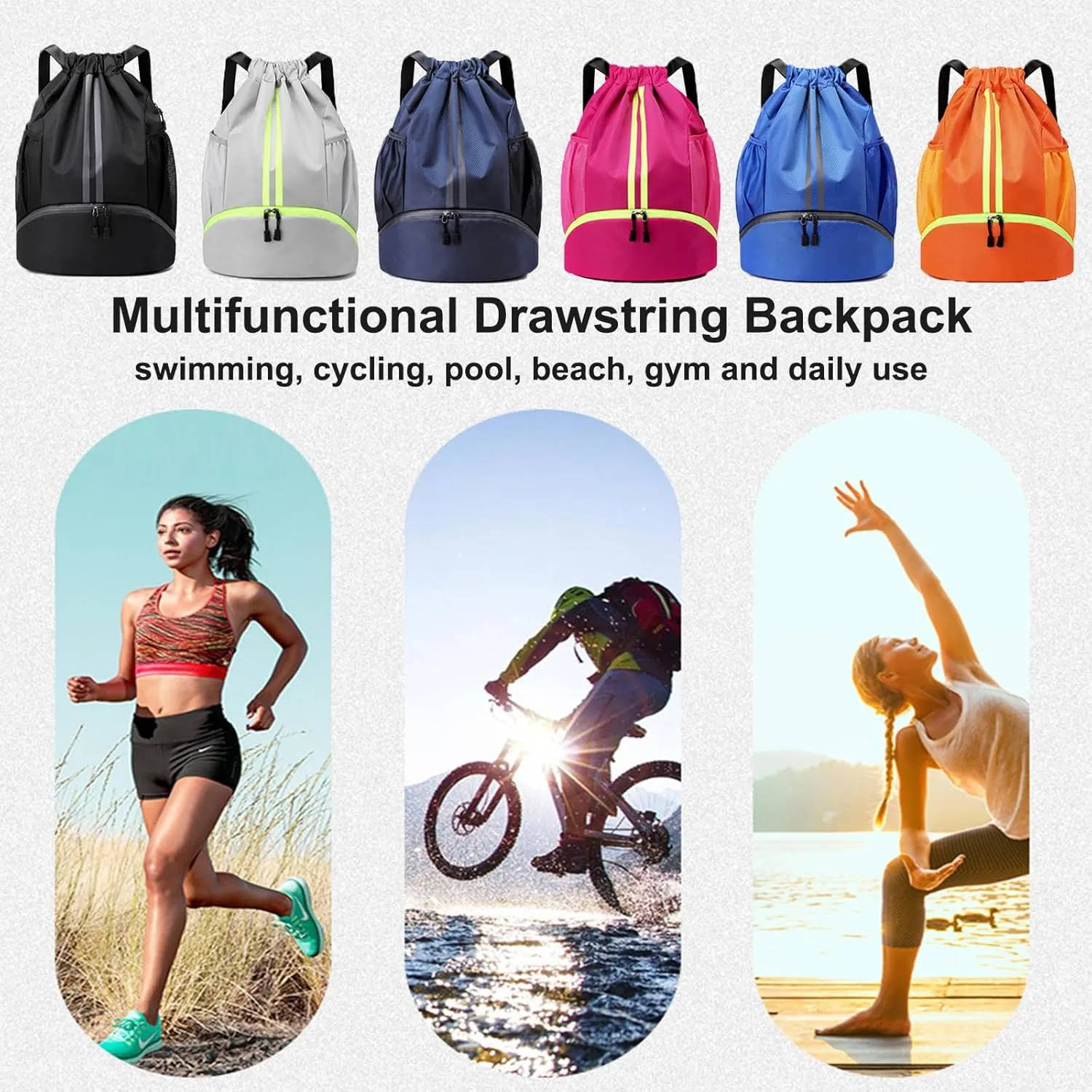 Swim Bag Drawstring Backpack with Wet Pocket Shoe Warehouse String Bag Sackpack for Beach Swimming Pool Gym Sports (Grey)