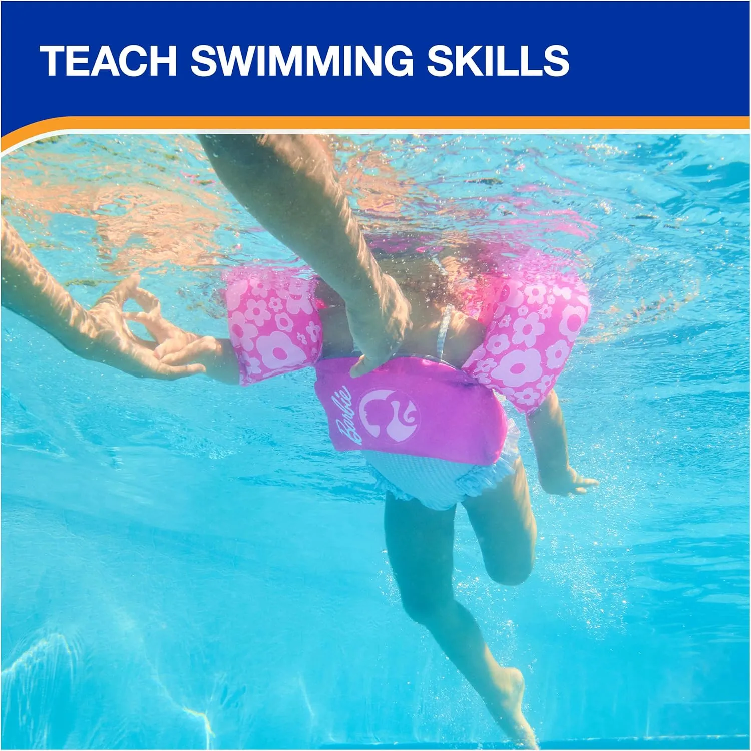 SwimWays Barbie Swim Trainer, US Coast Guard Approved Life Vest Kids Swim Vest, Arm Floaties & Life Jackets for Kids 33-55 lbs, Barbie