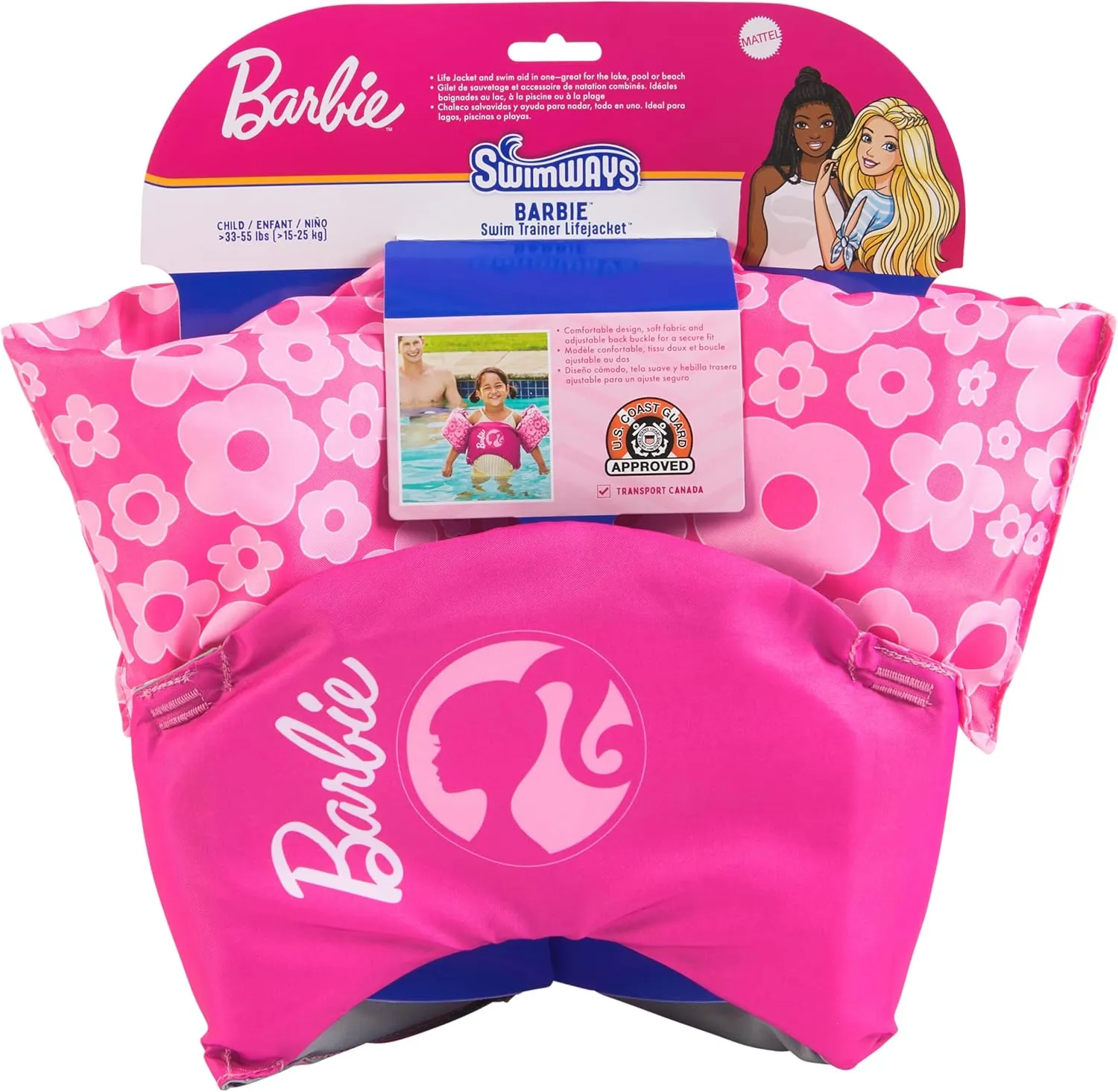SwimWays Barbie Swim Trainer, US Coast Guard Approved Life Vest Kids Swim Vest, Arm Floaties & Life Jackets for Kids 33-55 lbs, Barbie