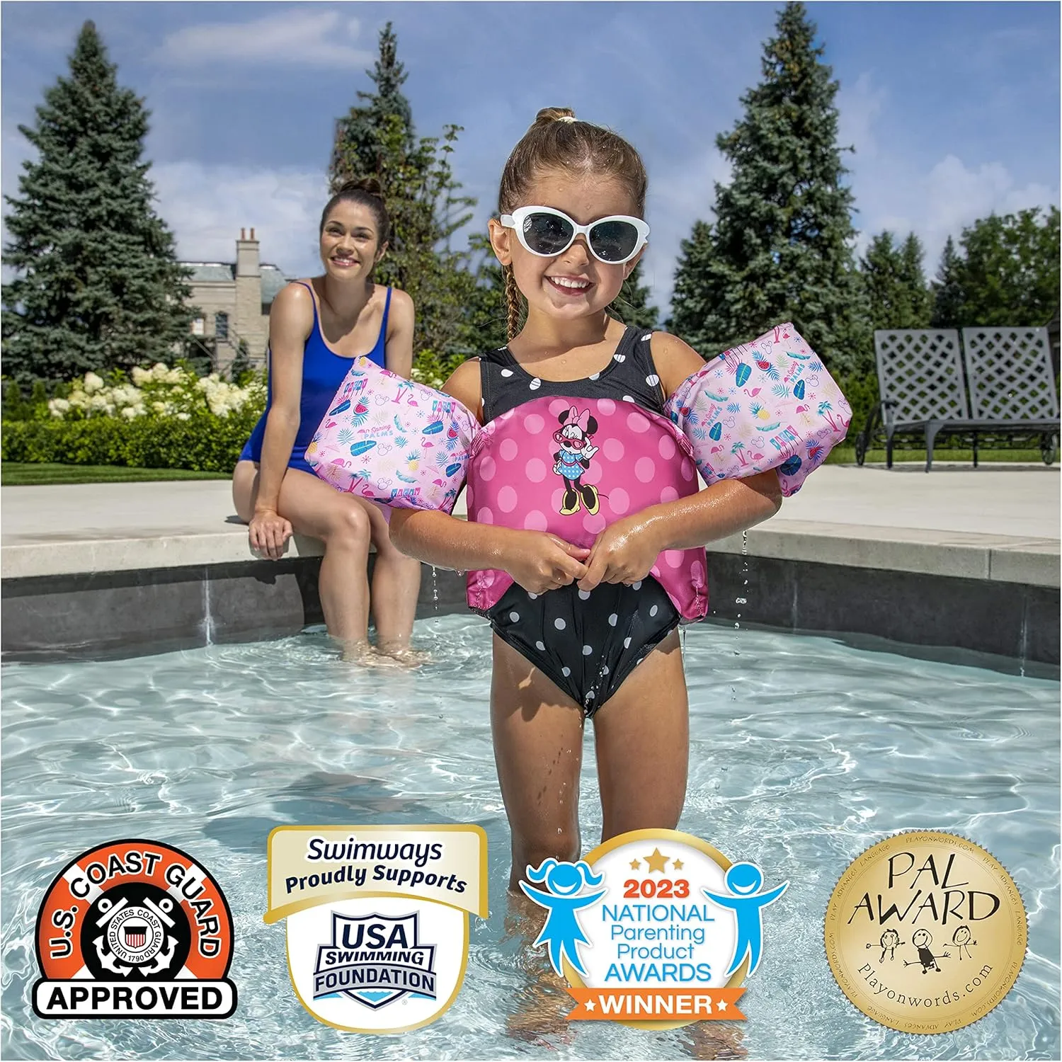 SwimWays Swim Trainer, US Coast Guard Approved Life Vest Kids Swim Vest, Arm Floaties & Life Jackets for Kids 33-55 lbs, Mermaid