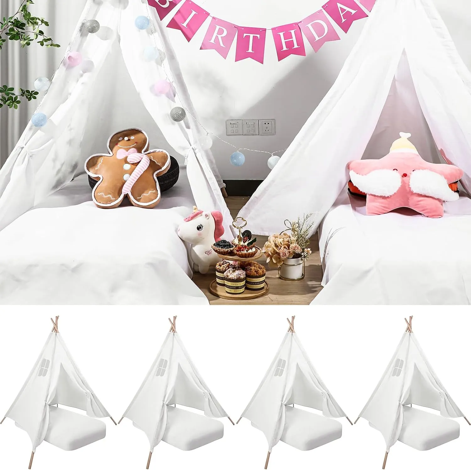 Syhood 4 Pack Kids Inflatable Bed Teepee Tent Set, Includes 4 Portable Air Mattresses, Foldable Tents, and White Flat Sheets
