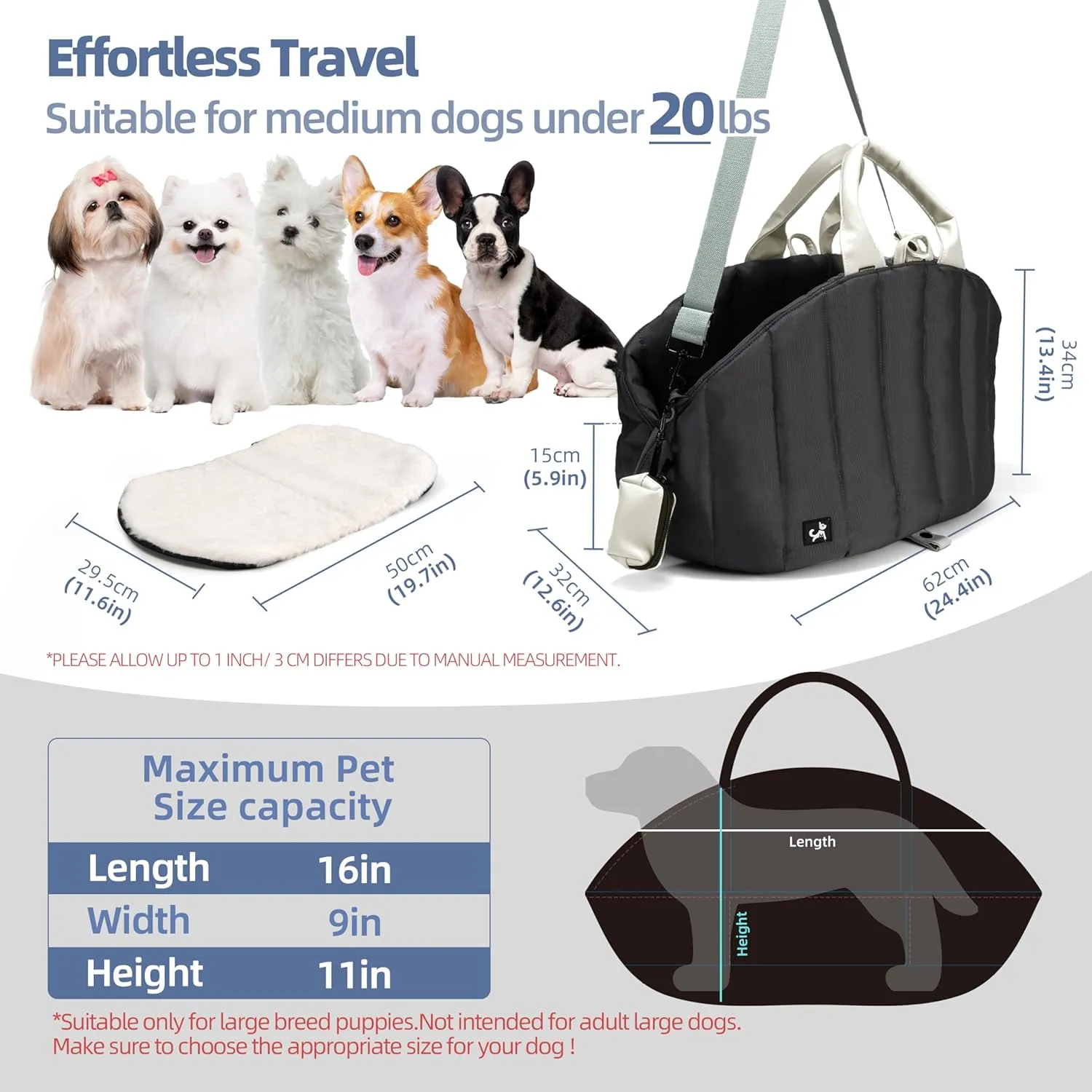 Sytopia Dog Bag Carrier for Small and Medium Dogs, Waterproof and Washable, Travel Pets Purse up to 20 Lbs, Car Seat & Bed, Adjustable Leashes, Monet Grey