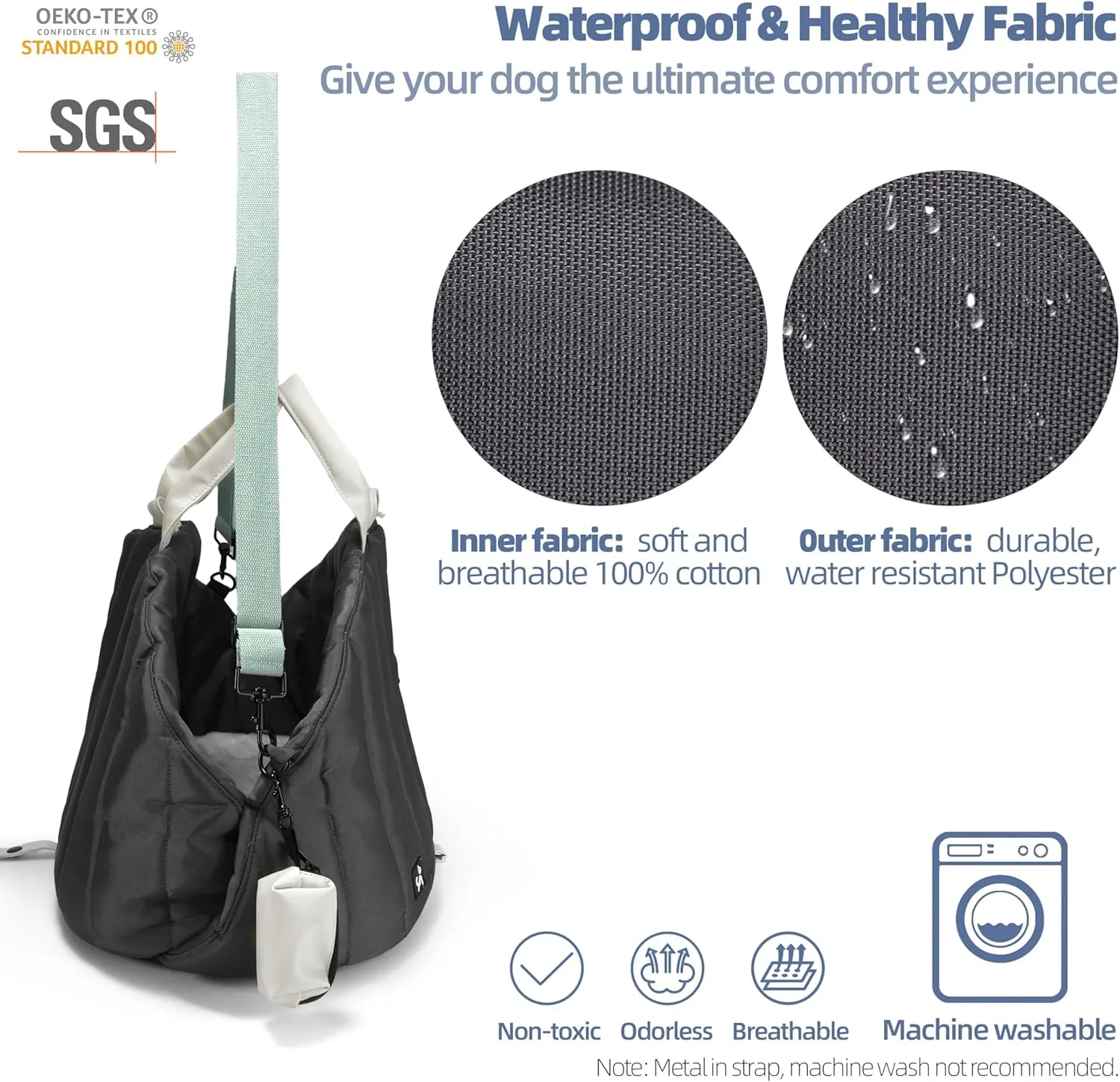 Sytopia Dog Bag Carrier for Small and Medium Dogs, Waterproof and Washable, Travel Pets Purse up to 20 Lbs, Car Seat & Bed, Adjustable Leashes, Monet Grey