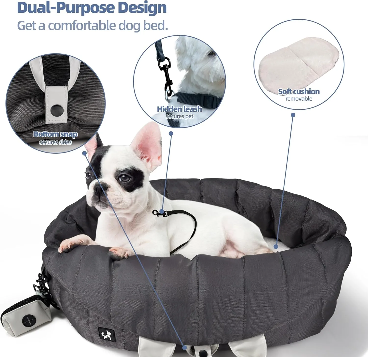 Sytopia Dog Bag Carrier for Small and Medium Dogs, Waterproof and Washable, Travel Pets Purse up to 20 Lbs, Car Seat & Bed, Adjustable Leashes, Monet Grey