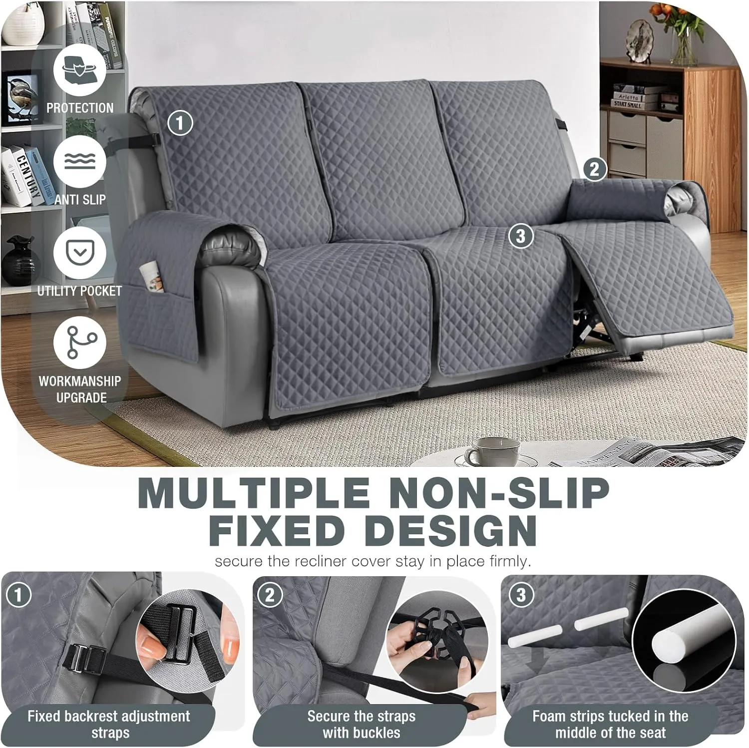 TAOCOCO Anti-Slip Recliner Sofa Cover Couch Covers for Leather Recliner Sofa, Pet Cover for Recliner Couch, Washable Reclining Sofa Covers Furniture Protector with Elastic Straps(3 Seater, Dark Grey)