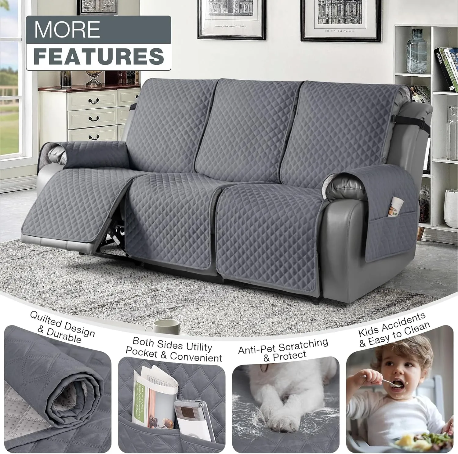 TAOCOCO Anti-Slip Recliner Sofa Cover Couch Covers for Leather Recliner Sofa, Pet Cover for Recliner Couch, Washable Reclining Sofa Covers Furniture Protector with Elastic Straps(3 Seater, Dark Grey)