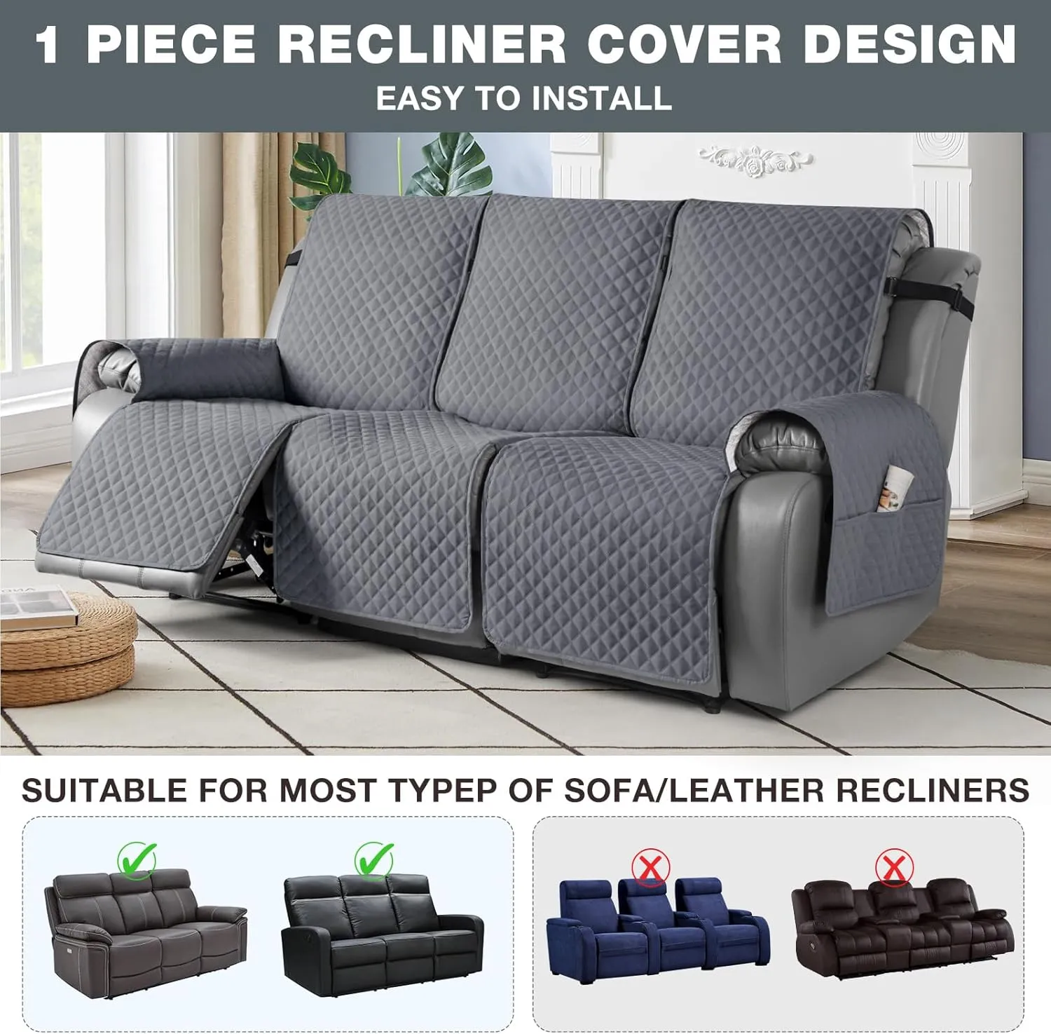 TAOCOCO Anti-Slip Recliner Sofa Cover Couch Covers for Leather Recliner Sofa, Pet Cover for Recliner Couch, Washable Reclining Sofa Covers Furniture Protector with Elastic Straps(3 Seater, Dark Grey)
